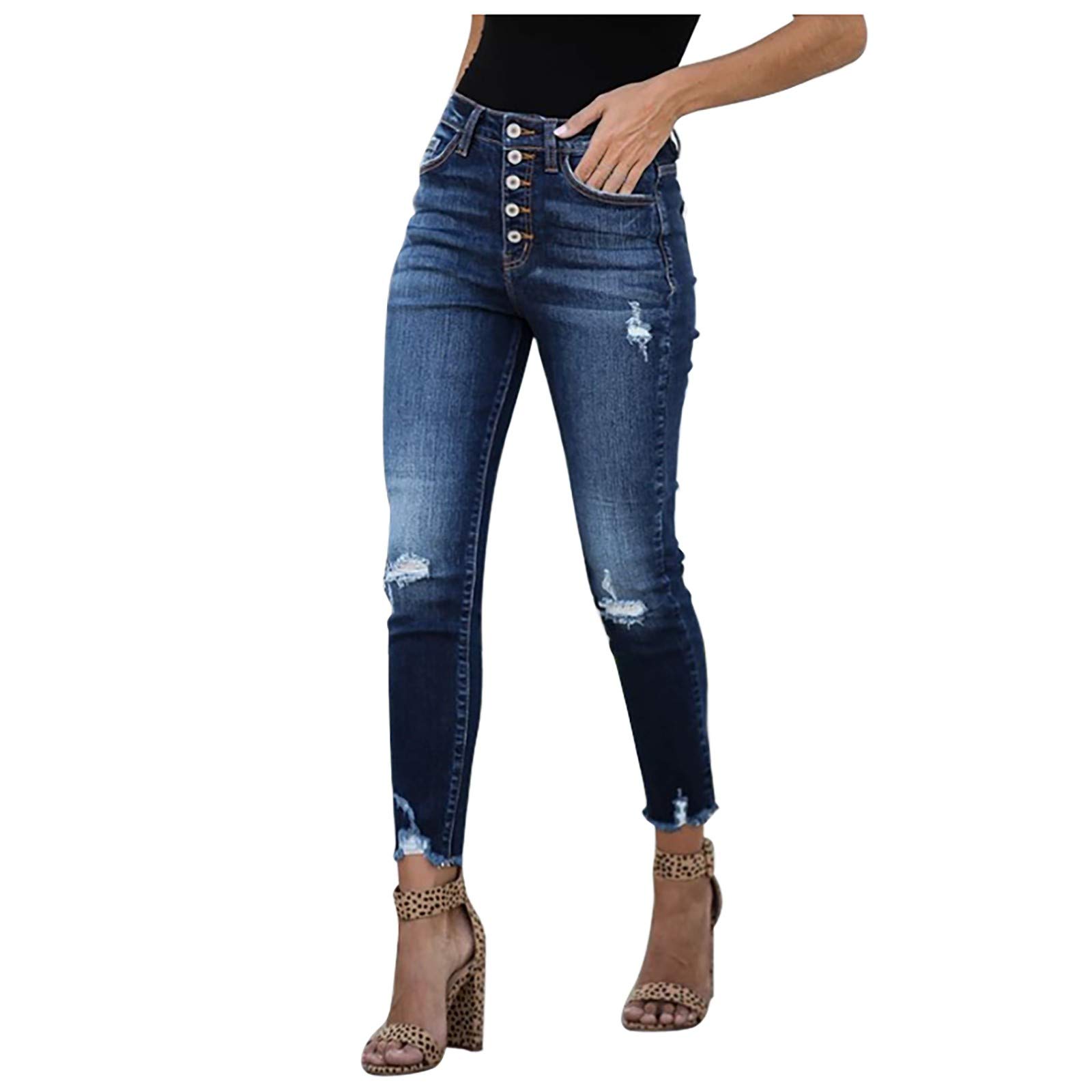Women's High Waisted Distressed Skinny Jeans - Ripped Denim Pants with Button Fly | Perfect for Casual Outfits, Streetwear & Everyday Wear