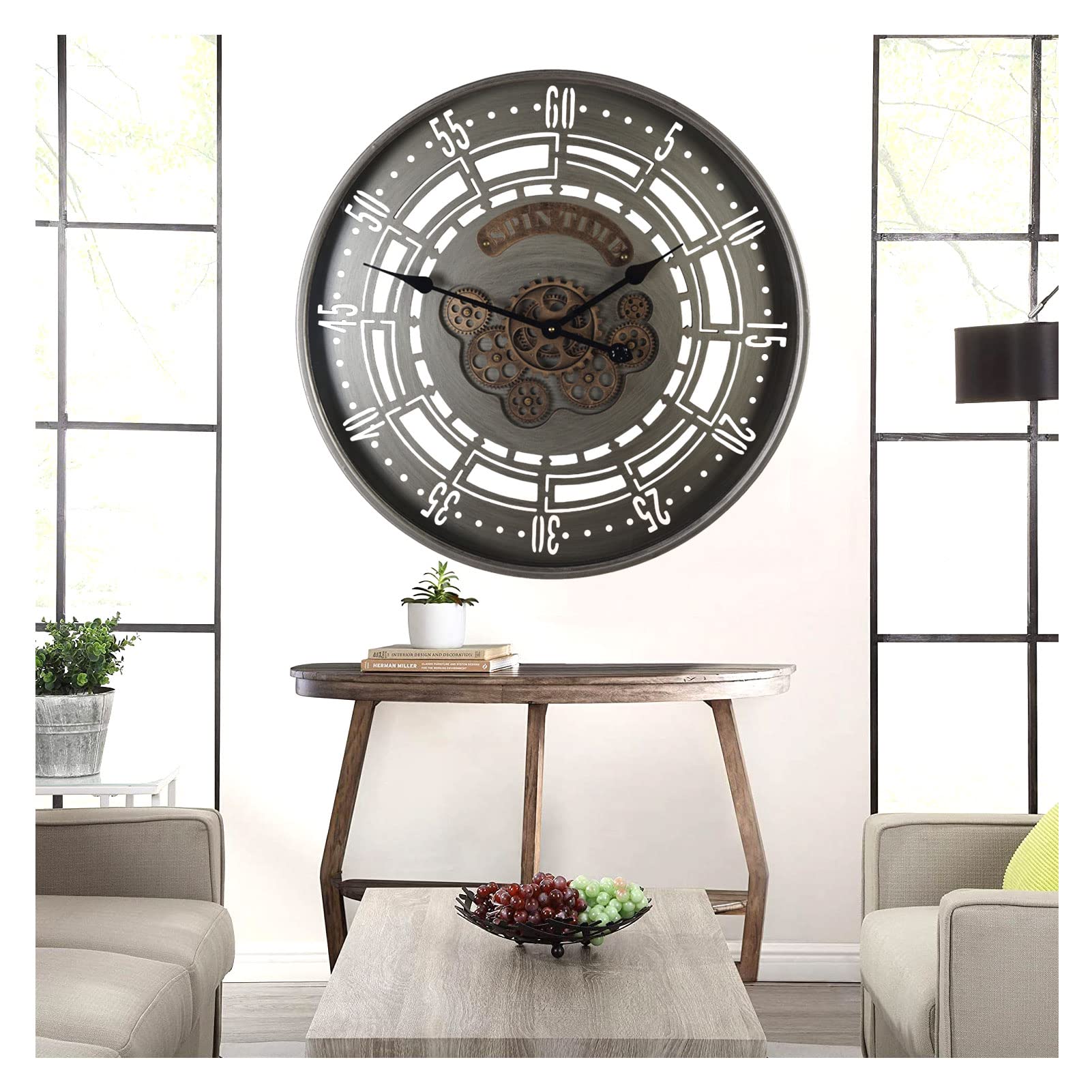 Extra Large 23.6 Inch Vintage Industrial Wall Clock with Exposed Gears - Decorative Metal Rustic Farmhouse Clock with Real Moving Mechanism | Perfect for Living Room, Office & Man Cave Decor