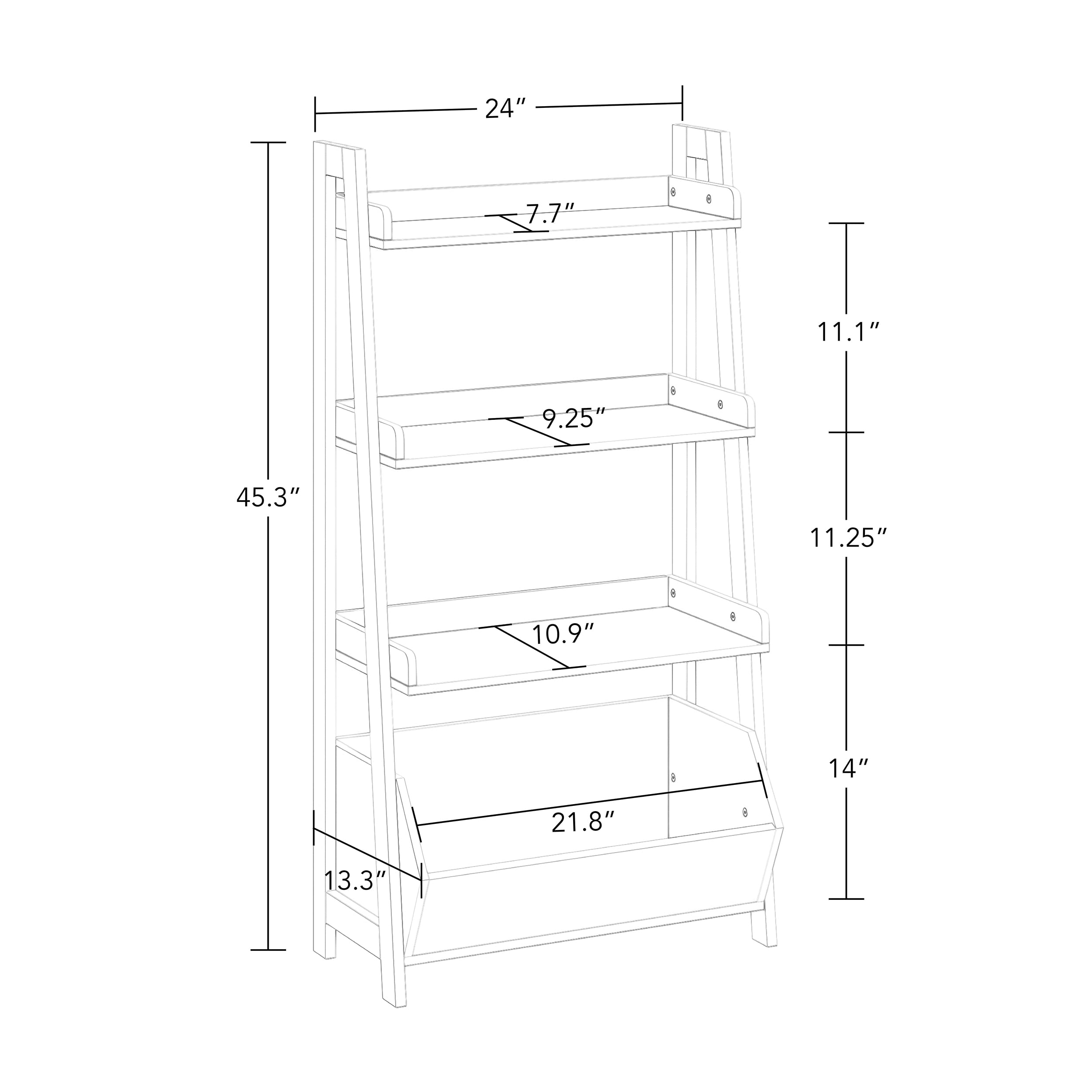 RiverRidge Kids 4-Tier Ladder Shelf Bookcase with 2 Taupe Fabric Bins - Toy Organizer & Book Display Stand for Nursery, Playroom & Bedroom - Spacious Open Shelves for Books, Toys & Games Storage
