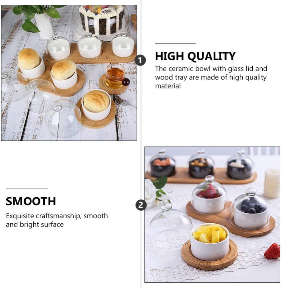 Ceramic Snack Serving Tray with Glass Dome Lid & Wooden Coaster - Elegant Dip Bowls for Nuts, Candies, Starters, Sauces - Perfect for Parties, Entertaining & Home Decor