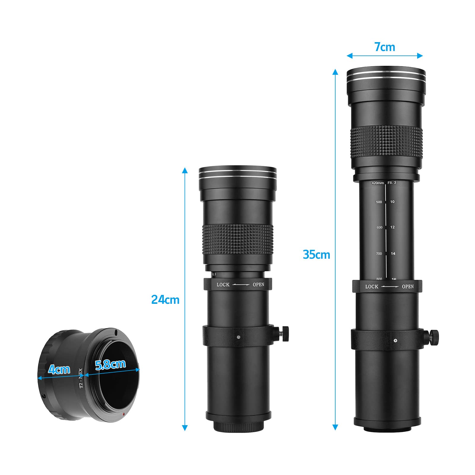 420-800mm Super Telephoto Zoom Lens for Sony NEX E-Mount Cameras | F/8.3-16 Aperture | T2 Mount Compatible with DSLR/SLR | Black | Perfect for Wildlife, Sports & Long-Distance Photography