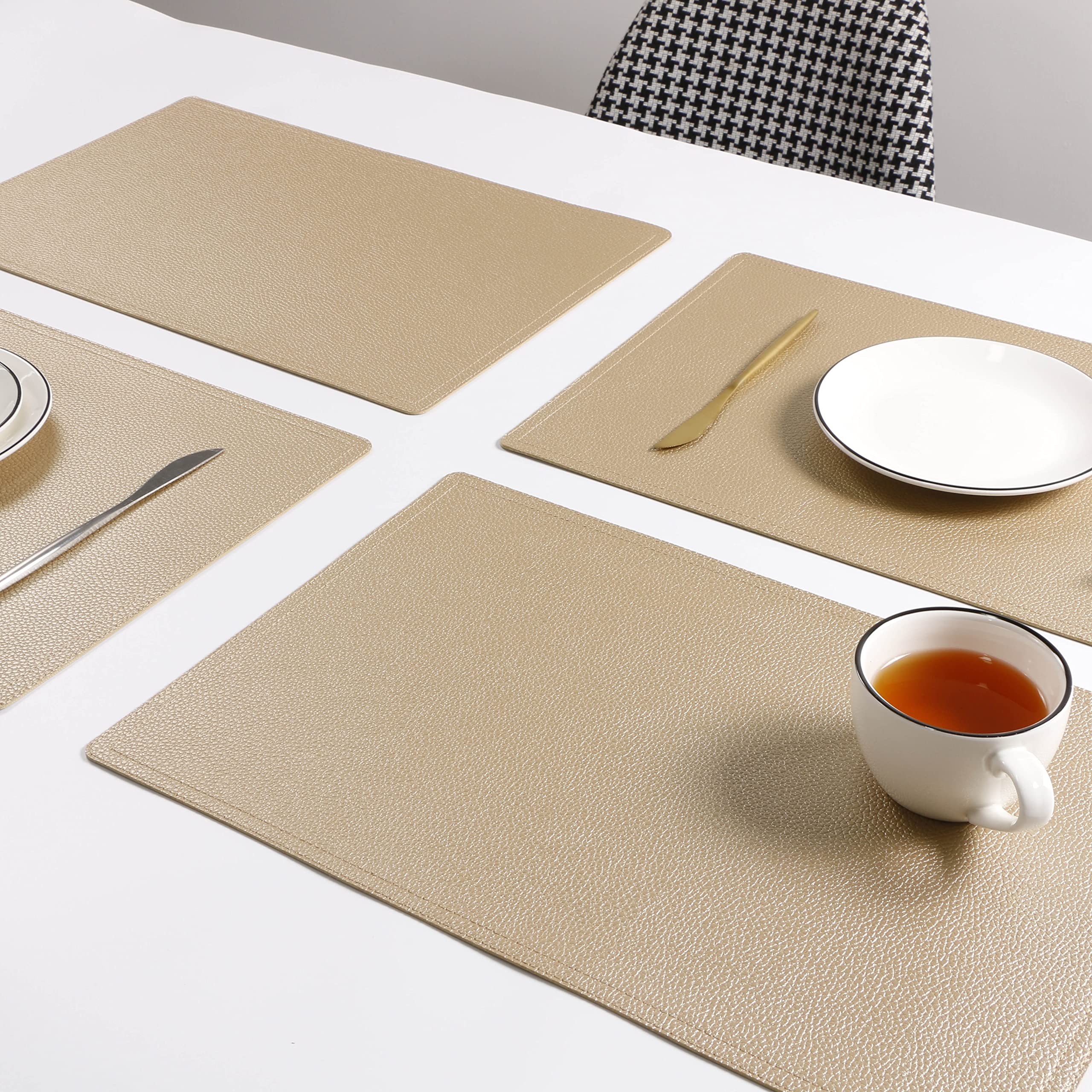 Premium Set of 6 PU Faux Leather Placemats - Waterproof, Stain & Heat Resistant Table Mats for Kitchen, Dining & Conference Tables - Easy Clean Gold Rectangle Place Settings for Elegant Dinner Parties & Professional Meetings