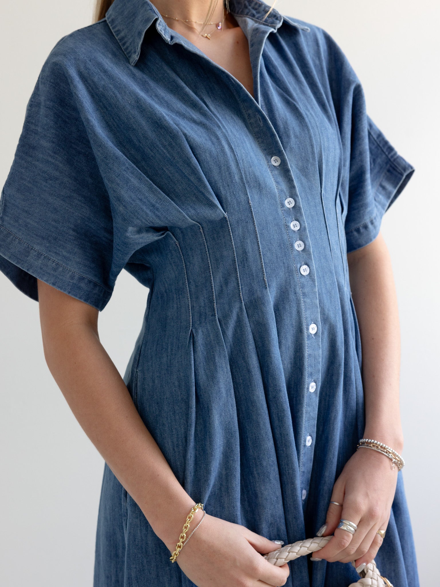 Becca Denim Midi Dress for Women - Stylish Blue Denim Knee-Length Dress with Pockets | Perfect for Casual Outings, Brunch Dates & Summer Vacations