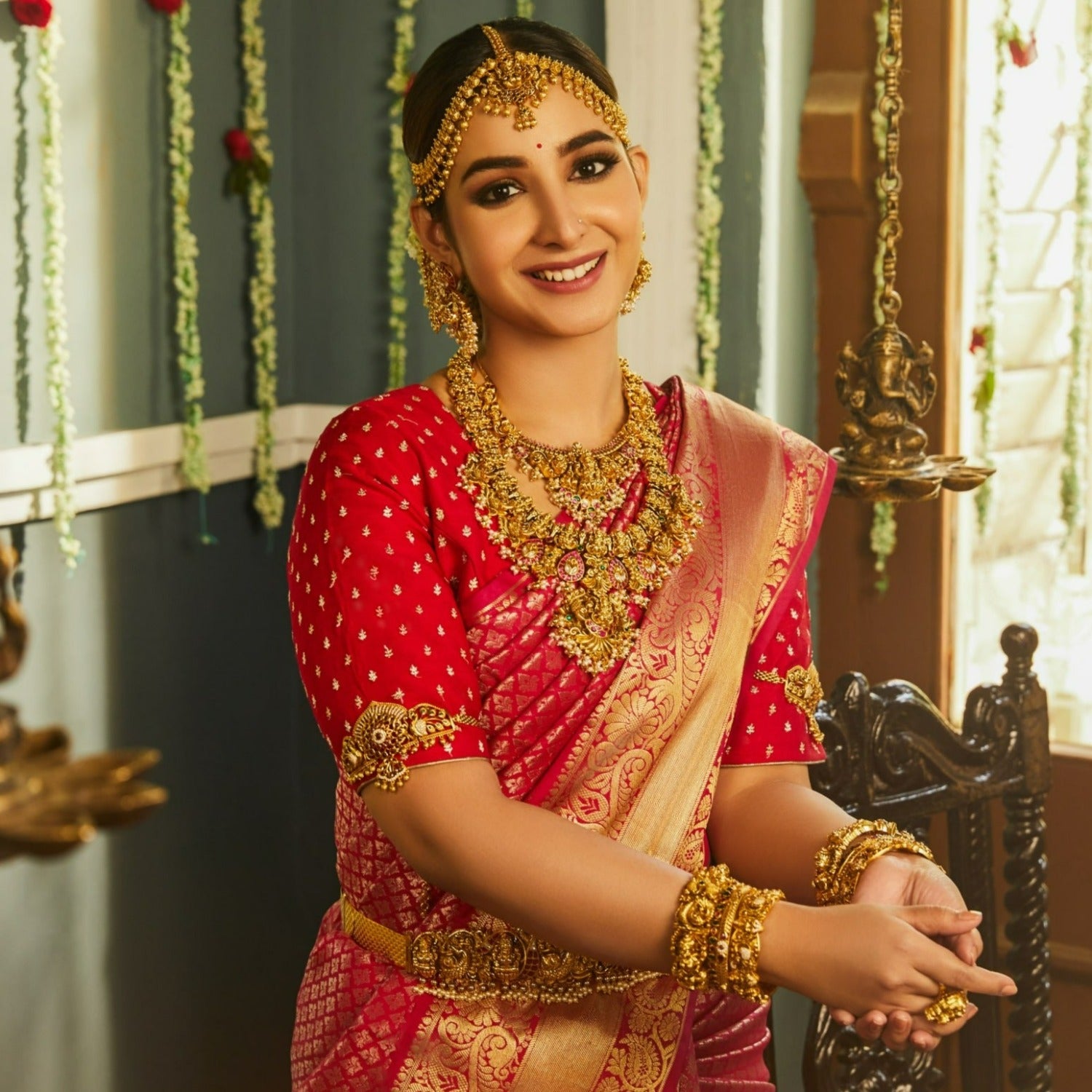 Gayatri Antique Temple Bridal Jewelry Set - Handcrafted Indian Wedding Necklace & Earrings for Brides, Ethnic Temple Jewelry for Special Occasions
