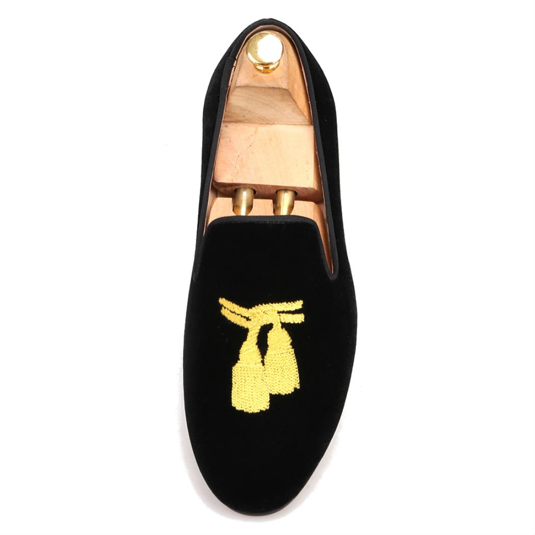 FERUCCI Men's Black Velvet Loafers - Gold Embroidered Tassel Slip-On Slippers for Indoor/Outdoor Wear - Comfortable House Shoes for Relaxing at Home & Casual Outings