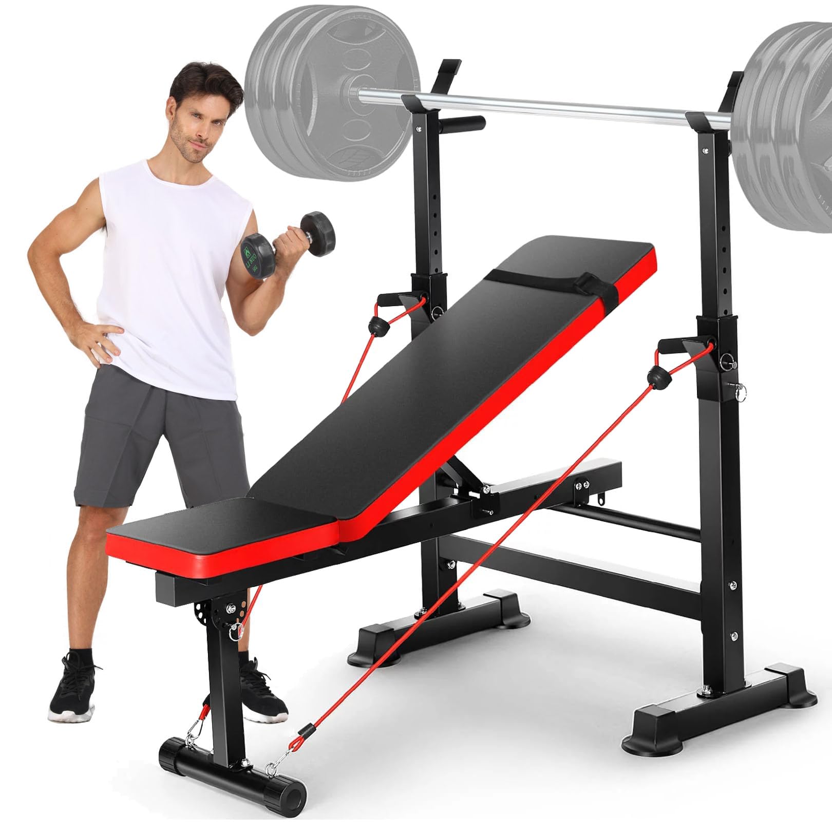 **Aceshin 6-in-1 Adjustable Weight Bench with Squat Rack & Removable Foot Bracket – 600lbs Capacity Home Gym Bench Press Set, Workout Bench with Weight Storage for Strength Training (Incline/Flat/Decline/Sit-Up) – Perfect for Home & Garage Gym Workouts**