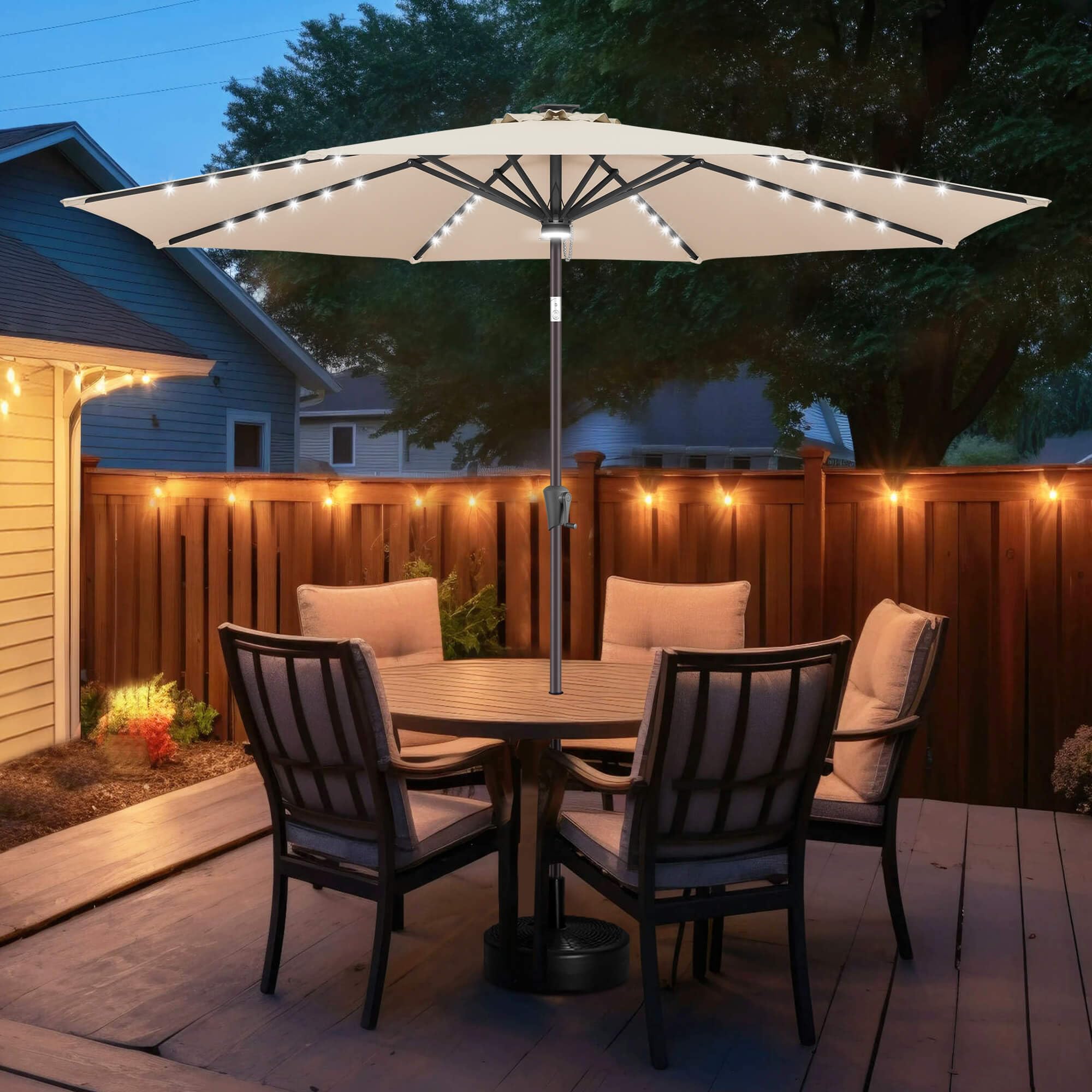 FLAME&SHADE 10 ft Solar Powered Outdoor Patio Umbrella with LED Lights and Tilt - Beige Waterproof Sun Shade for Garden, Poolside, Backyard and Beach