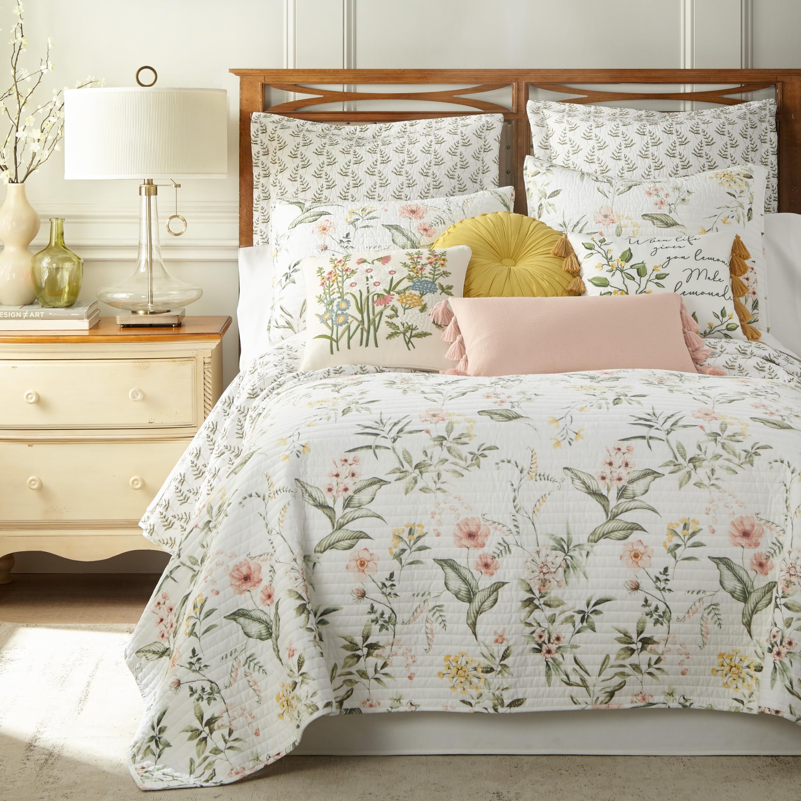 Levtex Home Viviana Reversible Cotton Quilt Set - King/Cal King Size (106x92in) with 2 Pillow Shams (36x20in) - Botanical Floral Design in Coral, Green, Yellow & Cream - Perfect for Master Bedroom, Guest Room & Cozy Home Decor