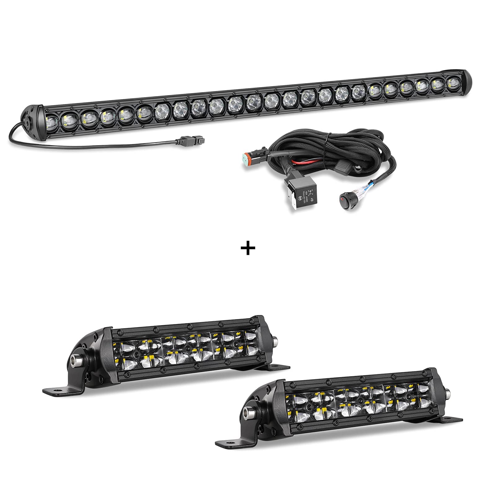 30 Inch 120W Single Row LED Light Bar with Wiring Harness & 2Pcs 6Inch 96W Slim Dual Row LED Light Bars - Black Cover for Off-Road Trucks, ATVs, UTVs, Boats, and Marine Applications