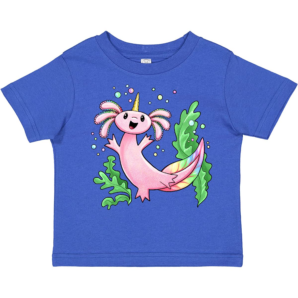 Inktastic Axolotl Unicorn with Rainbow Tail & Bubbles Toddler T-Shirt | Cute Kids Graphic Tee for Playdates, Birthday Parties & Everyday Wear