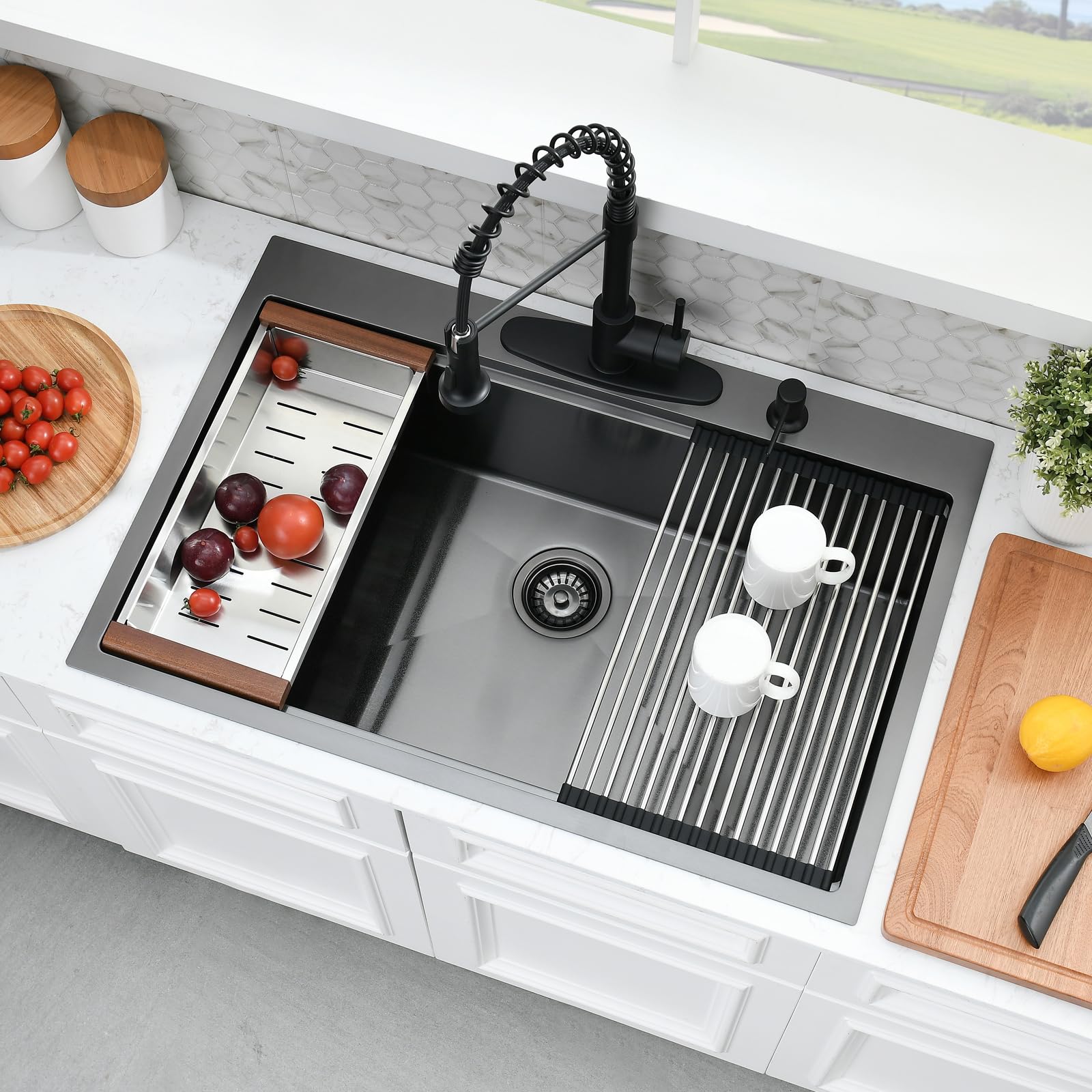 30×22 Inch Black Stainless Steel Kitchen Sink Drop In - 16 Gauge Heavy Duty 10