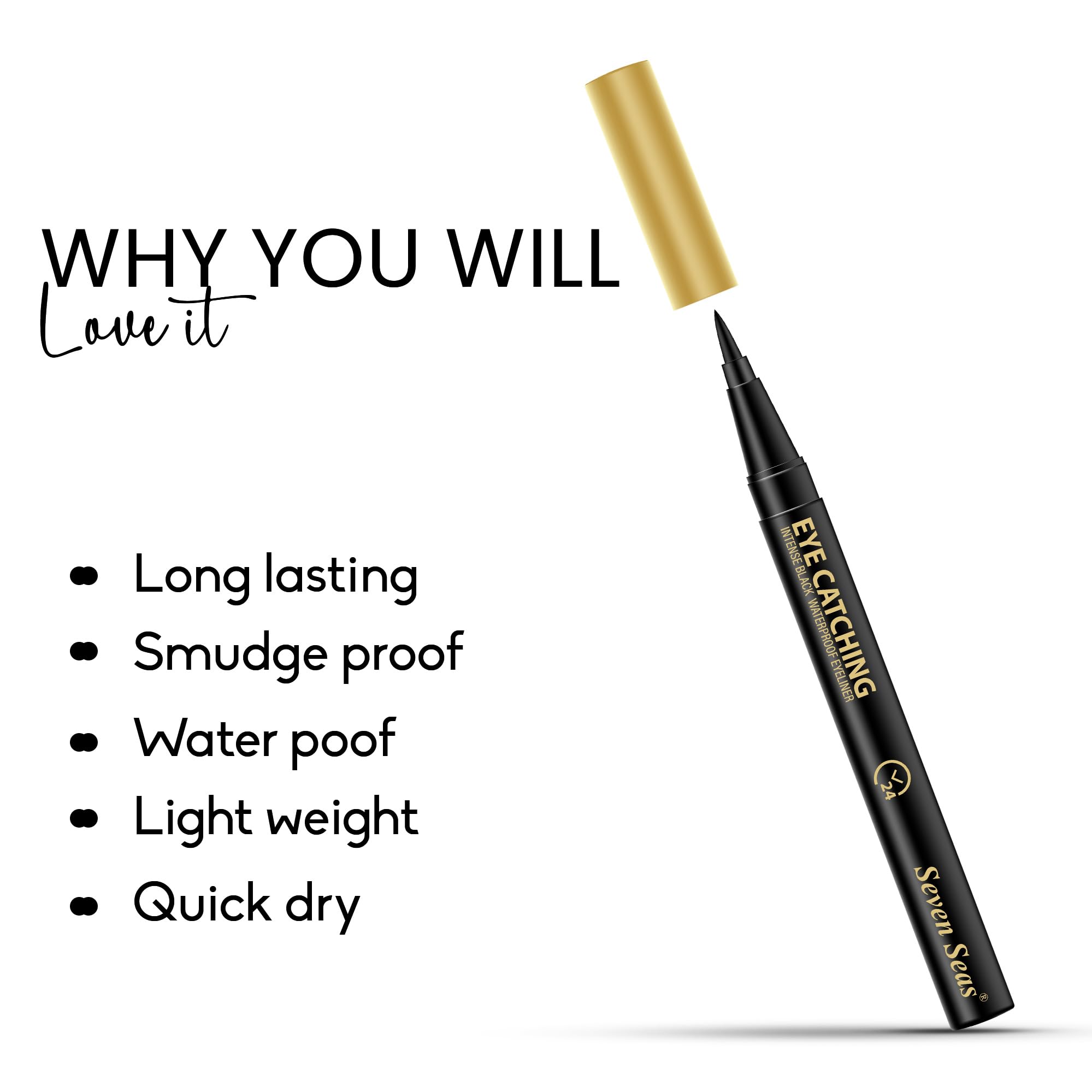 Seven Seas Long Lasting Waterproof Eyeliner Pencil - Smudge Proof, Sweat Proof Eye Liner for Women & Girls (Black, 1.5g) | Perfect for Daily Makeup, Parties & Special Occasions