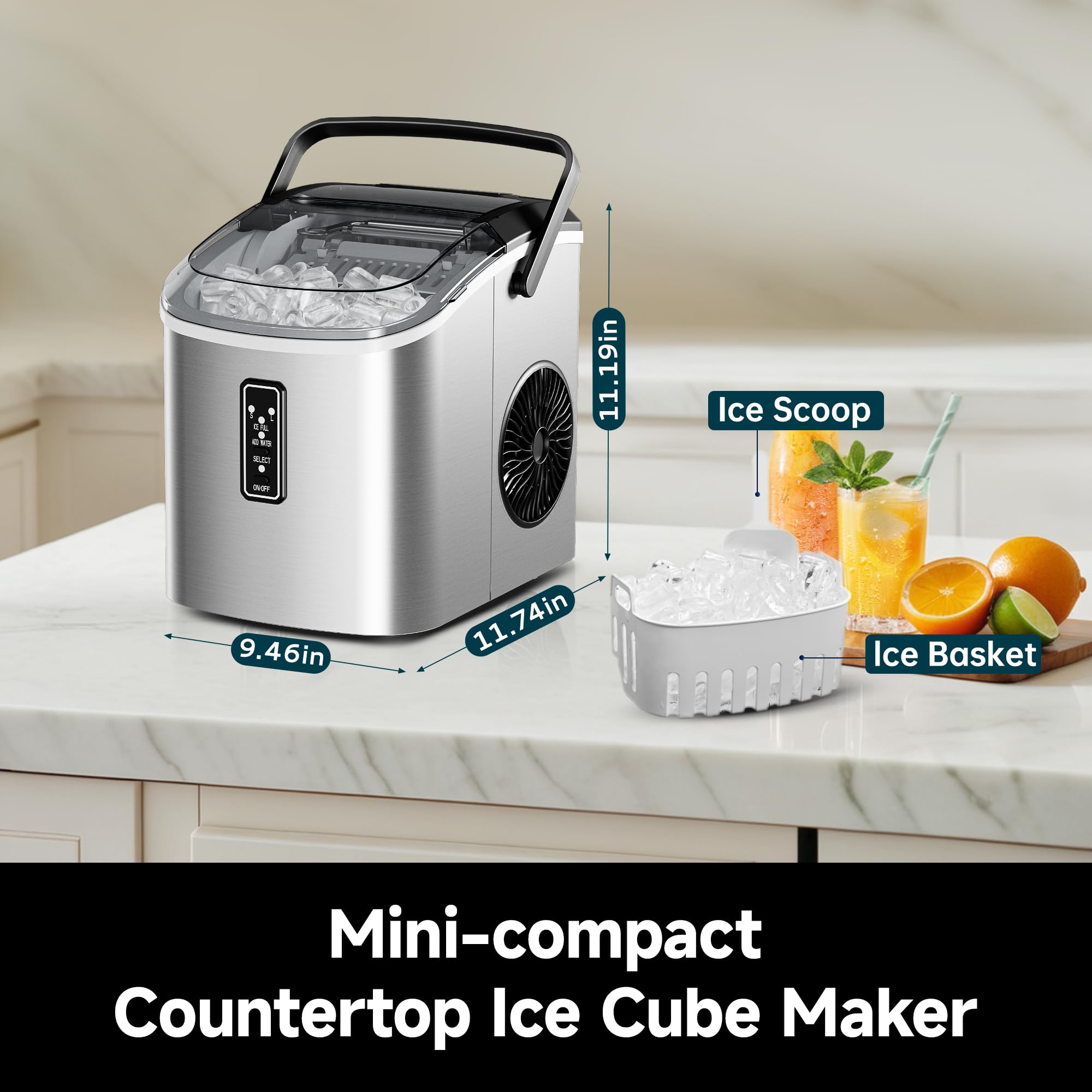 EUHOMY Portable Ice Maker Machine - 9 Cubes in 6 Minutes, 26lbs/24H, Self-Cleaning Countertop Ice Maker with Carry Handle, Ice Basket & Scoop, 2 Ice Size Options for Home, Kitchen, Office, RV & Outdoor Parties