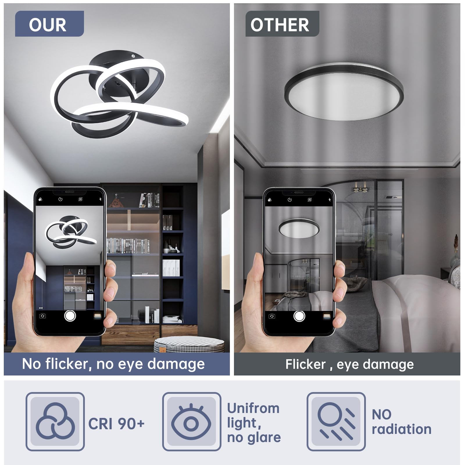 Modern LED Ceiling Light Fixture - Black Flush Mount Hallway Light with Curved Design | Cool White Lighting for Bedroom, Bathroom, Entryway, Balcony & Stairs | Energy-Efficient Indoor Lighting Solution