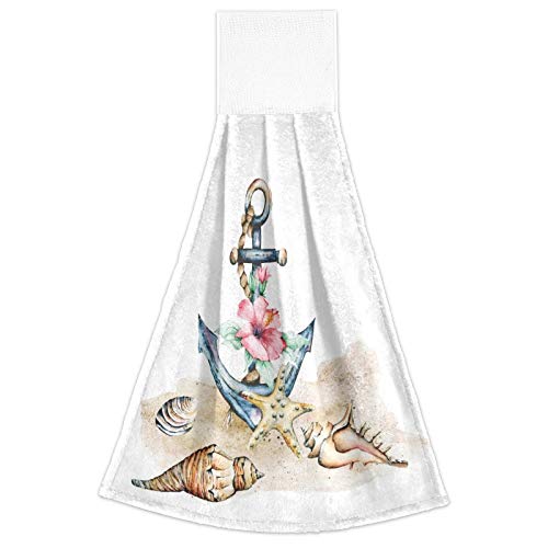 Nautical Anchor & Seashells Absorbent Kitchen Hand Towels - 2 Pack Hanging Towels with Loops for Bathroom, Kitchen & Home Decor | Perfect for Beach House, Coastal Theme & Summer Decor