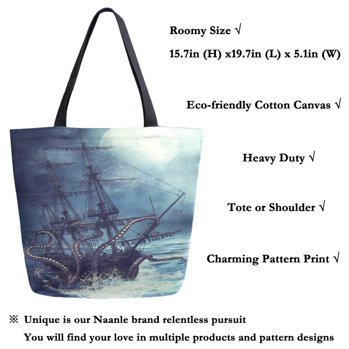 Ocean Sea Canvas Tote Bag for Women - Large Reusable Pirate Ship & Octopus Print Cotton Shopping Bag, Heavy Duty Grocery Tote for Beach, Travel, and Outdoor Activities