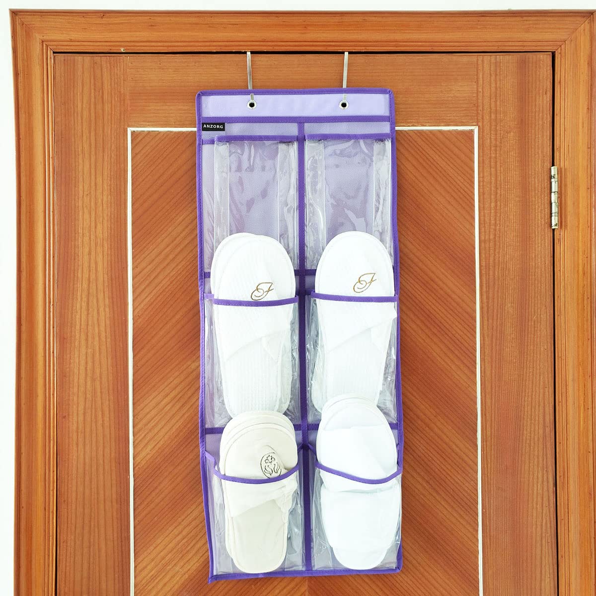 Over The Door Shoe Organizer - 6 Clear Pockets Hanging Closet Storage Rack for Sneakers, Sandals & Heels | Space-Saving Shoe Holder for Bedroom, Closet & Dorm Room (Purple)