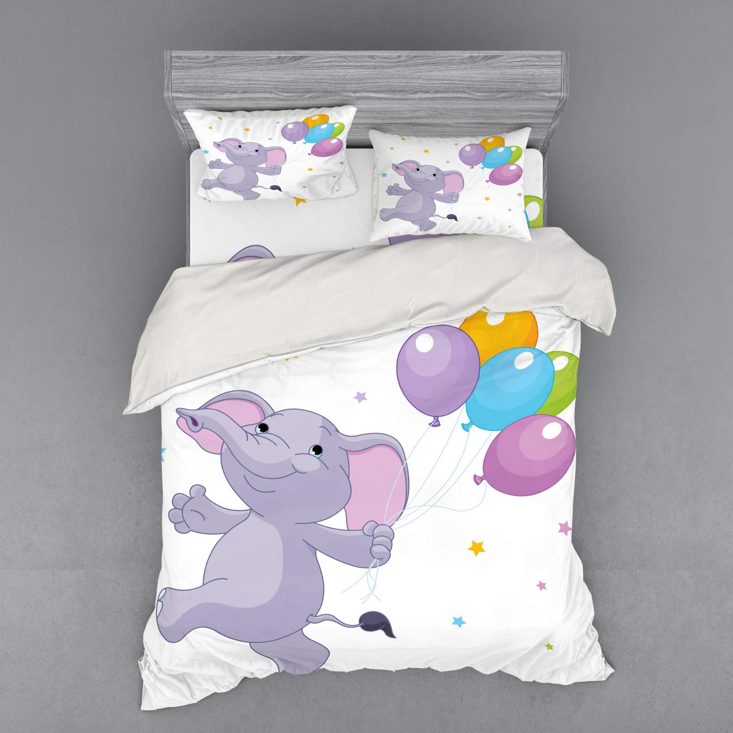 Ambesonne Cartoon Duvet Cover Set - Happy with Colorful Balloons & Stars Cheerful Fun 3-Piece Bedding Set with Pillow Sham & Fitted Sheet, Queen Size, Lilac Multicolor - Perfect for Kids' Rooms, Birthday Gifts & Nursery Decor
