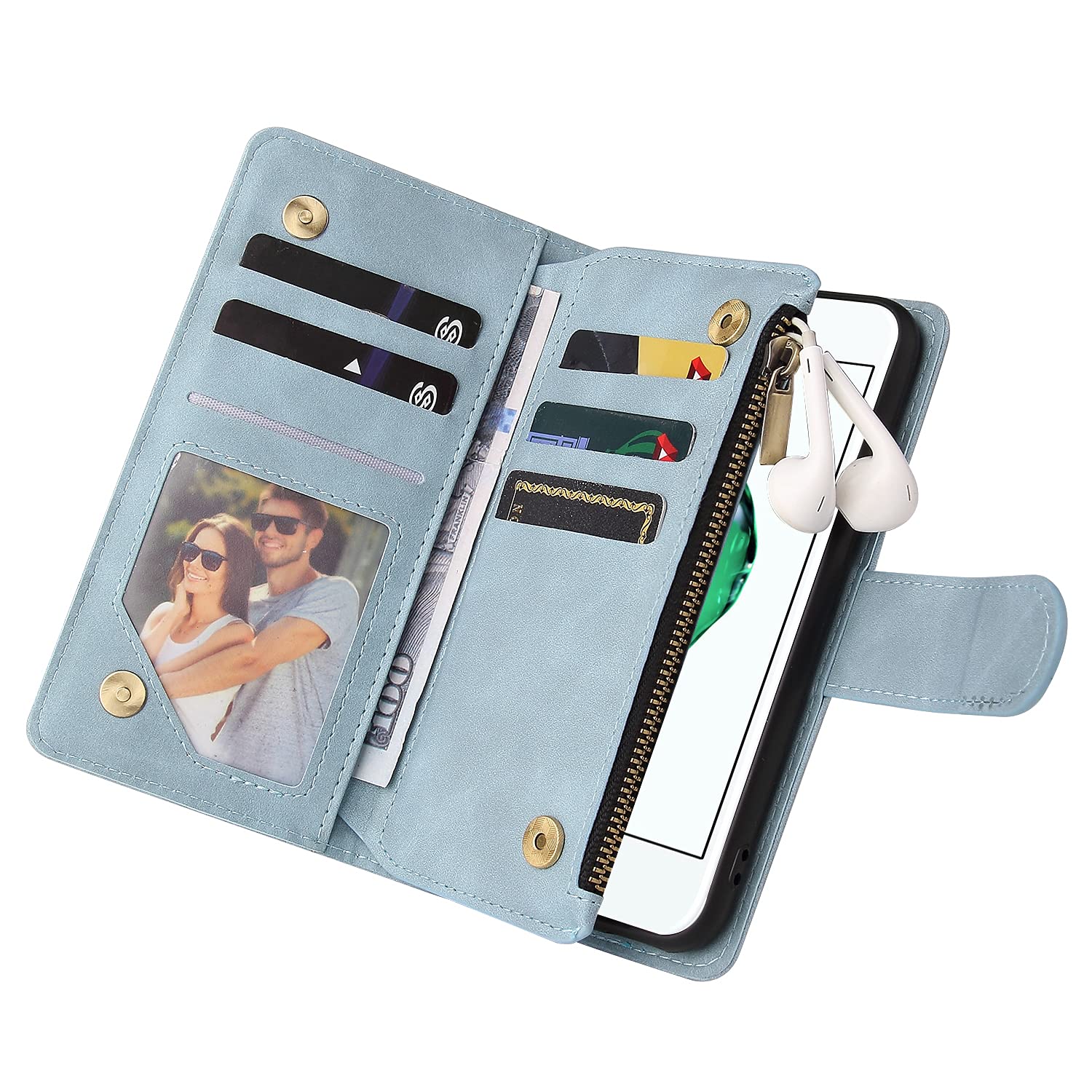 Premium PU Leather Magnetic Wallet Case for iPhone SE 2022/SE 2020/SE3/SE2/7/8 - Zipper Handbag Cover with Kickstand & Card Slots | Perfect for Work, Travel & Everyday Use (Sky Blue)