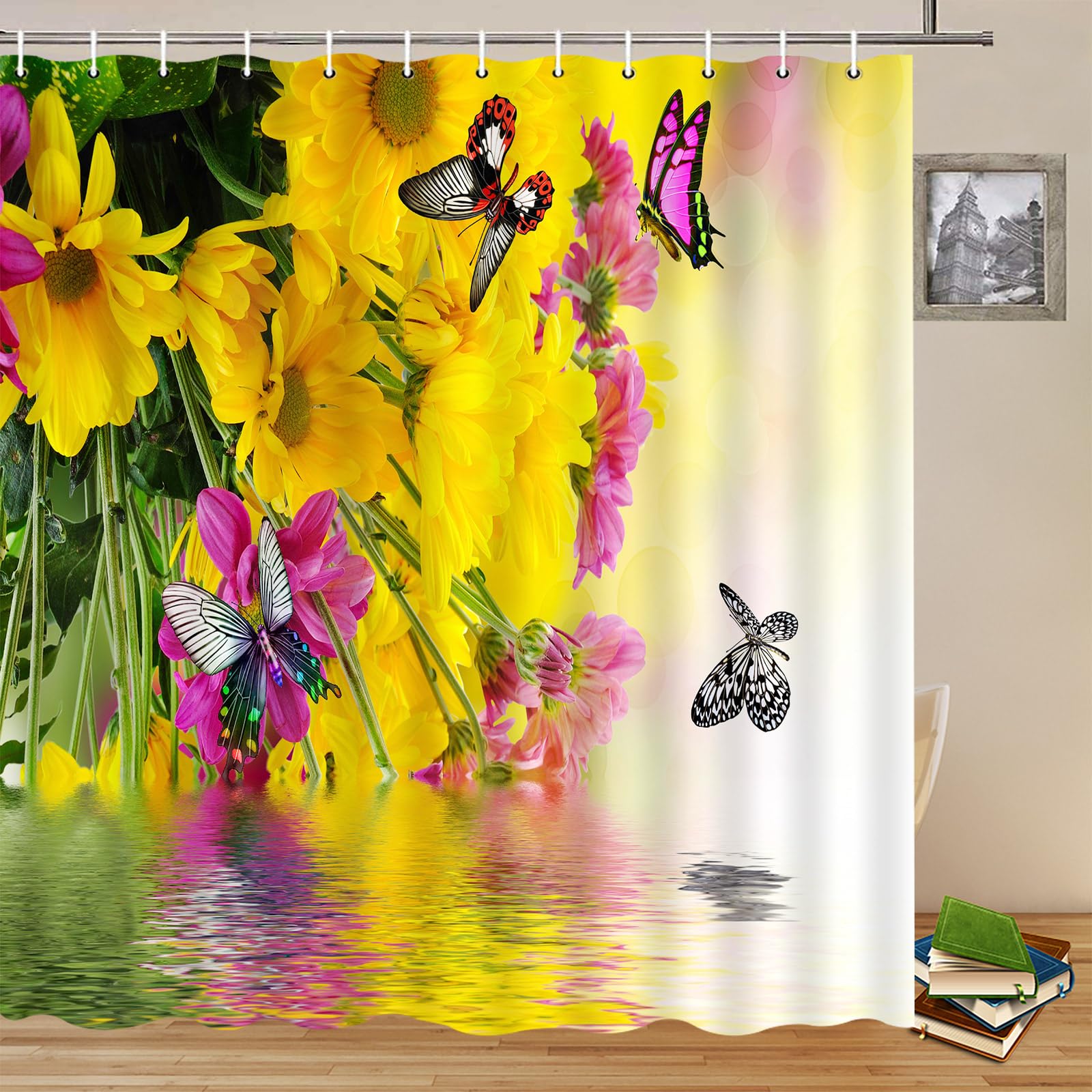 Butterfly Shower Curtain - Yellow Floral Spring Scenery with Water Reflection Design - 70x70 Inch Polyester Bathroom Decor Set with Hooks - Perfect for Summer, Boho & Nature-Themed Bathrooms