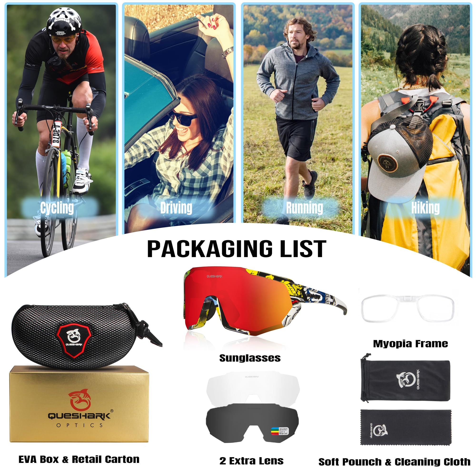 Queshark Polarized Cycling Glasses for Men & Women - UV Protection Sports Sunglasses with 2 HD Lenses - Ideal for Cycling, Running, Hiking & Outdoor Activities