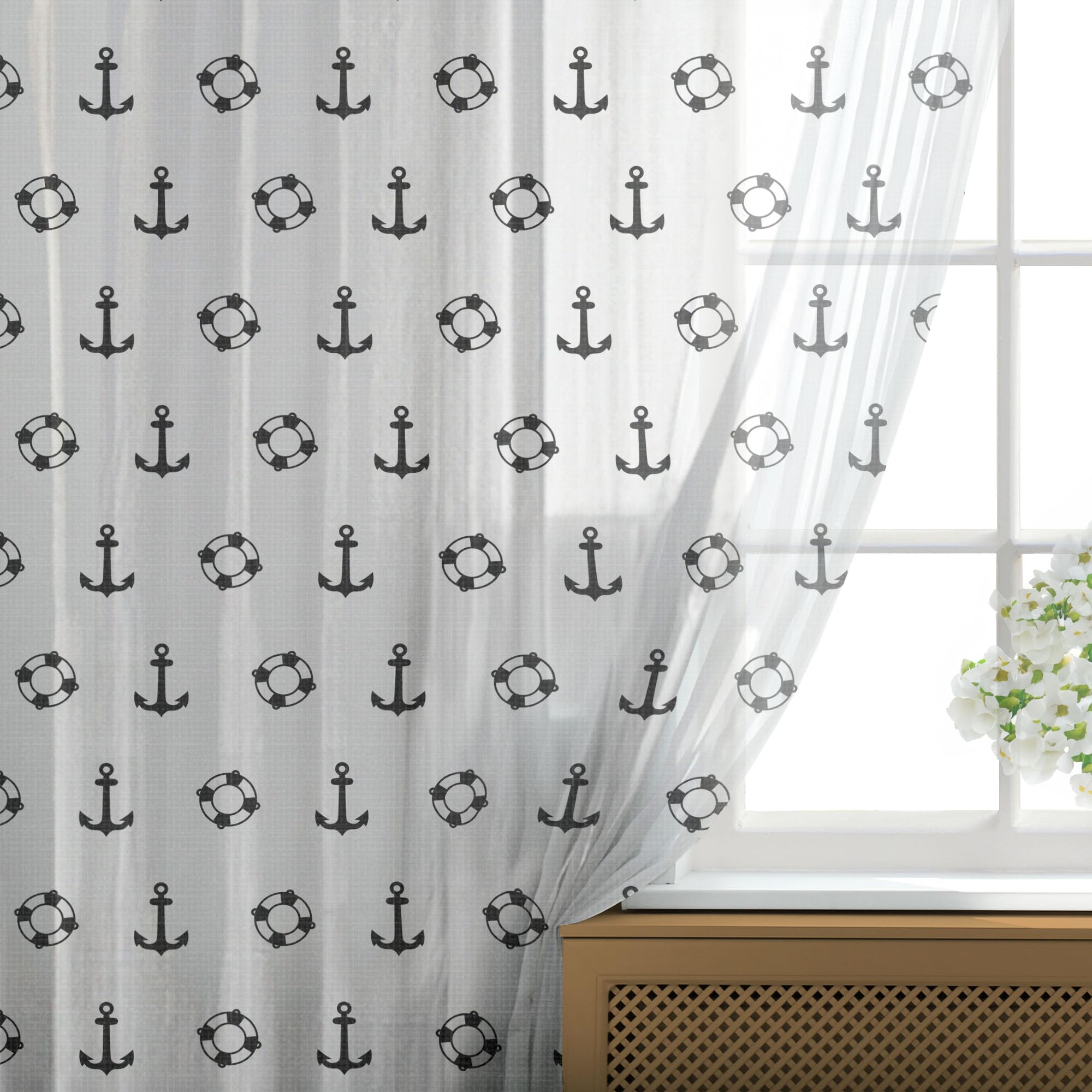 Ambesonne Nautical Tulle Curtains - Maritime Anchor & Ocean Pattern Sheer Drapes for Living Room, Bedroom, or Wedding Decor | 108