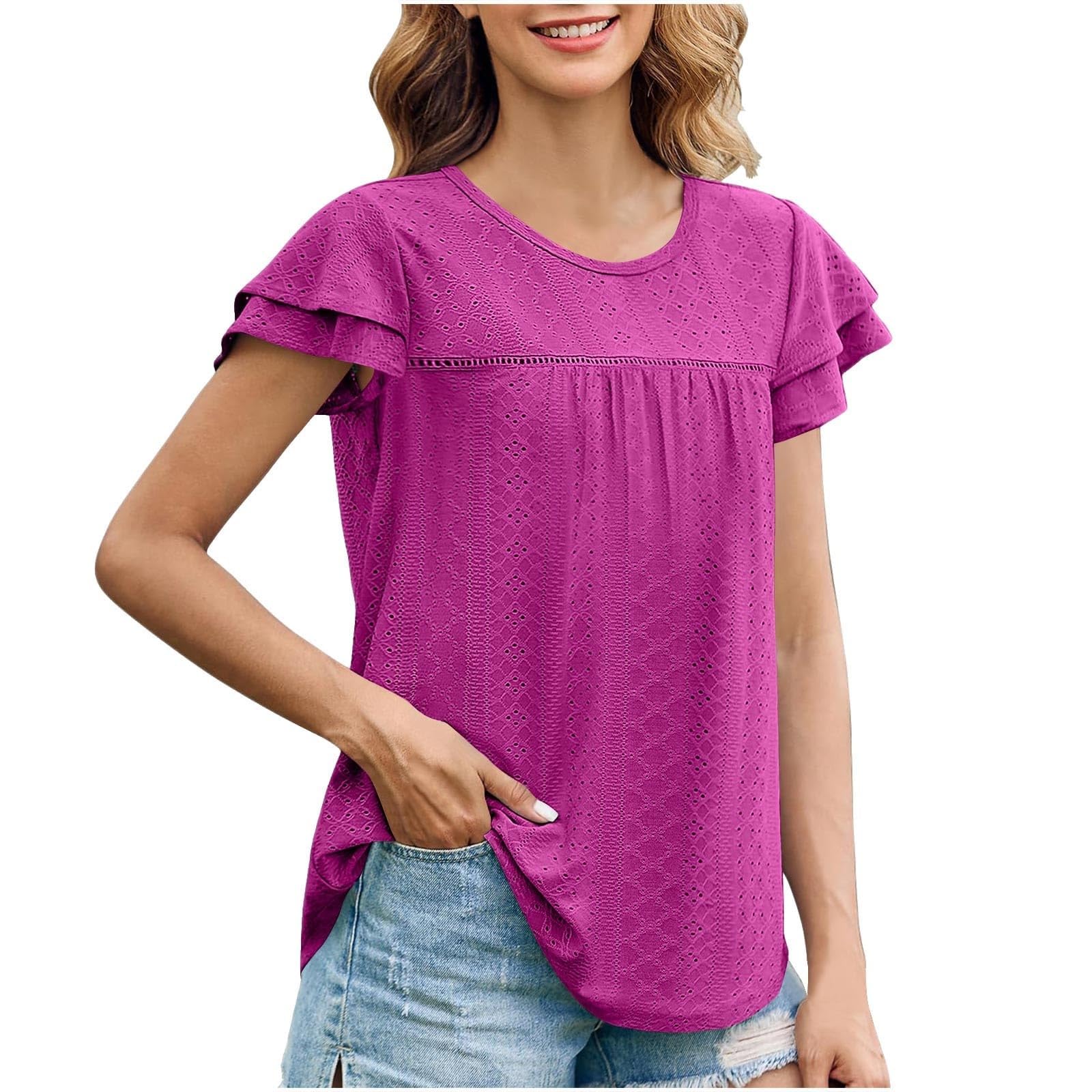 Women's Summer Eyelet Tops - Trendy Flowy Crewneck Shirts with Ruffle Sleeves - Loose Comfortable Blouses for Beach, Vacation & Casual Wear