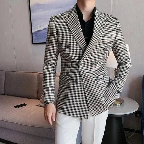 Stylish Men's Double Breasted Houndstooth Blazer Jacket for Business, Office & Formal Events - Premium Wool Blend Suit Coat for Weddings, Interviews & Professional Occasions