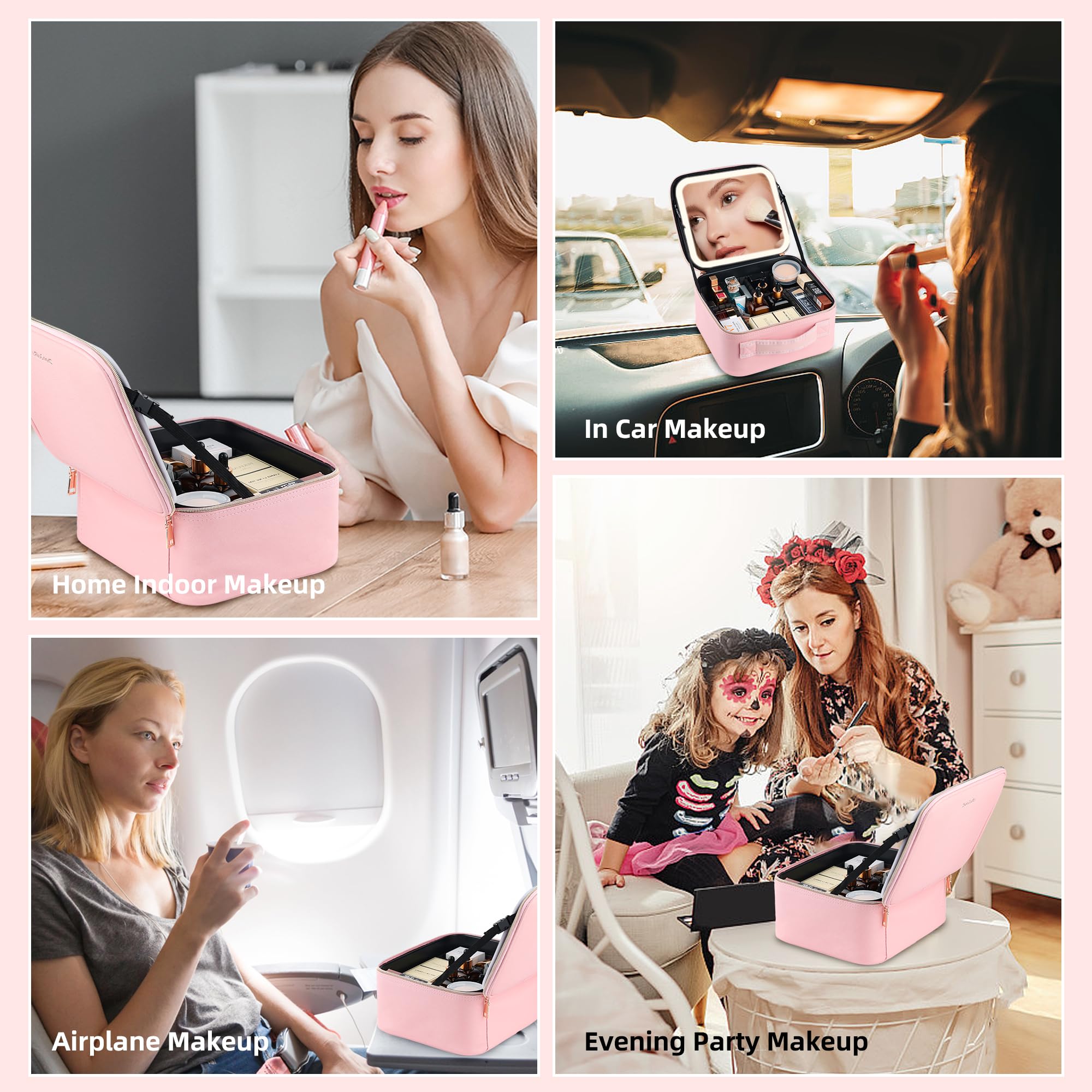 LED Makeup Bag with Lighted Mirror - Portable Travel Cosmetic Organizer with Adjustable Dividers, Waterproof Makeup Train Case for Women | Perfect for Travel, Home Use & Professional Makeup Artists (Pink)