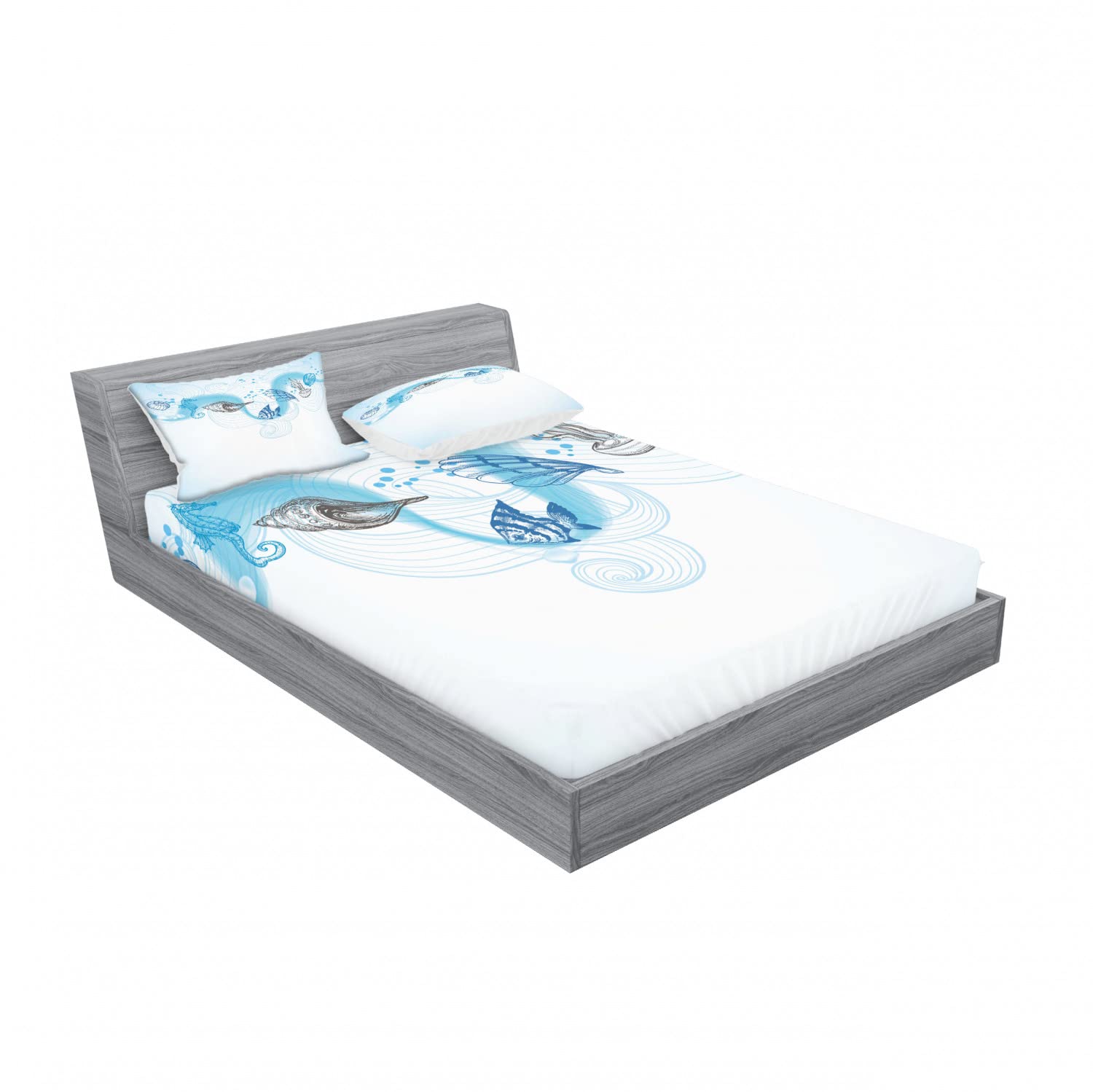 Lunarable Nautical 2-Piece Queen Fitted Sheet Set with 4 Pillow Shams - Seashell & Ocean Wave Design in Pale Blue Grey | Coastal Bedroom Decor for Beach House & Vacation Homes