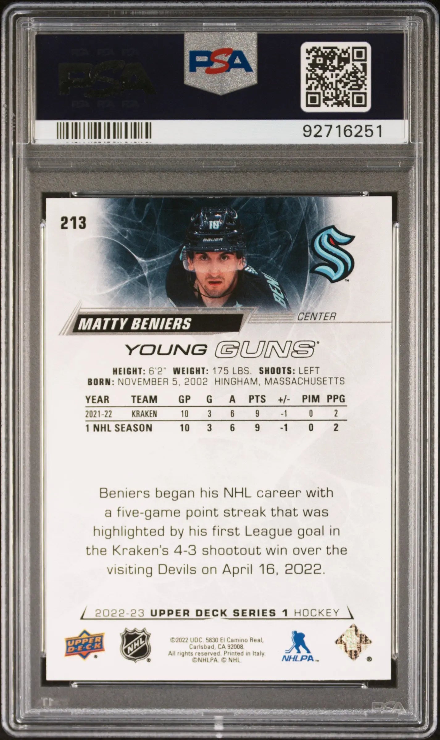 2022-23 Upper Deck Series 1 Hockey Matty Beniers Young Guns Rookie Card #213 PSA 9 Mint - Perfect for Collectors, Investors & Hockey Fans (Game Room, Man Cave, Sports Memorabilia Display)