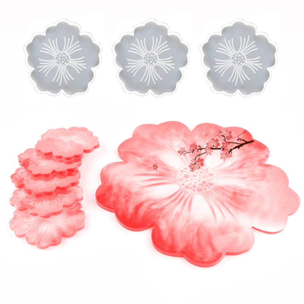 Remanbo Flower Shaped Epoxy Resin Casting Molds Set - 1 Large Tray Mold & 5 Coaster Molds for DIY Home Decor, Wedding Centerpieces & Craft Projects
