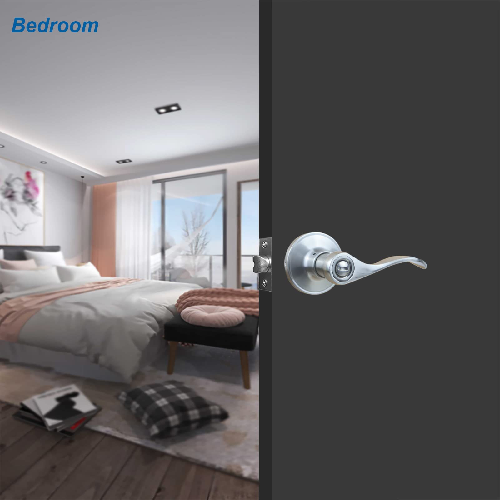 Wave Style Door Lever Handleset - Keyless Privacy Function for Interior Bathroom & Bedroom - Satin Nickel Finish - Left/Right Handed - 1 Pack - Perfect for Home Renovation & Modern Interior Design