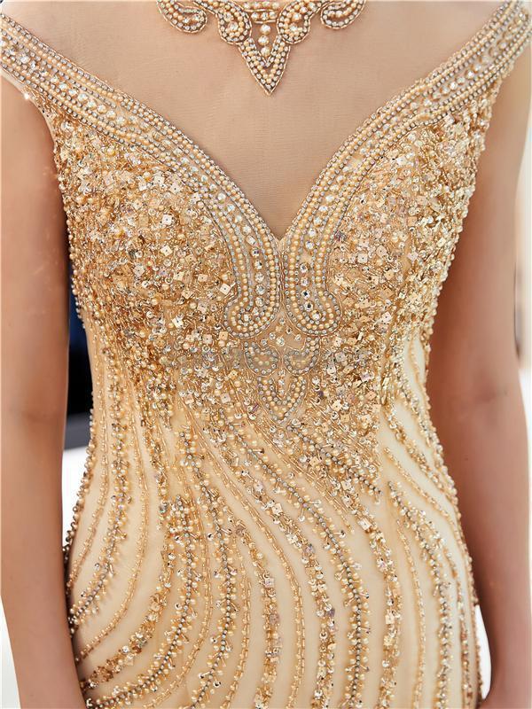 Elegant Gold Rhinestone Cap Sleeves Beaded Mermaid Prom Dress for Evening Party & Formal Events - Perfect for Homecoming, Wedding Guest & Special Occasions
