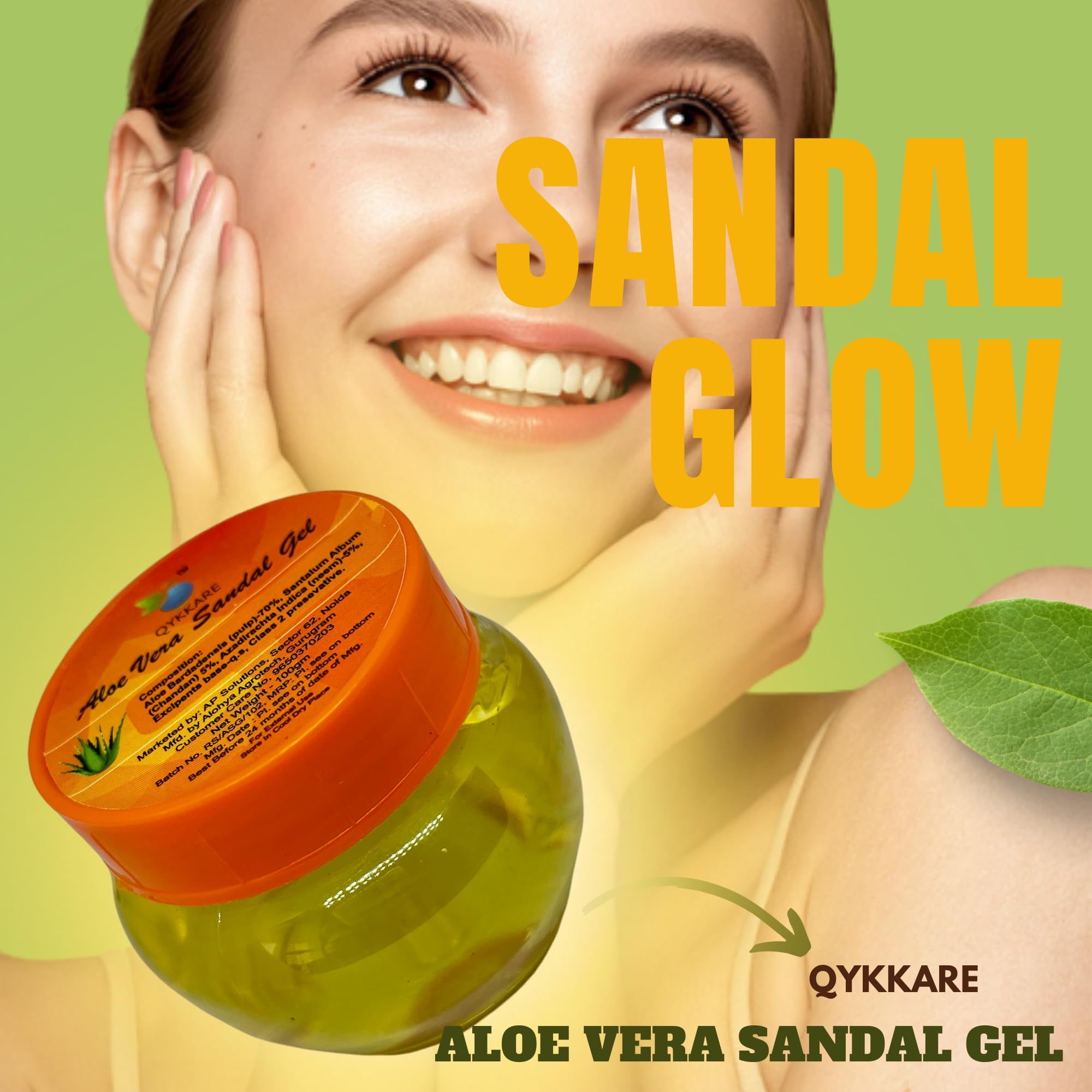 QYKKARE Aloe Vera Sandal Gel - 200gm (100gm X 2) - Soothing Moisturizer for Sunburn, Dry Skin & Hair Care - Perfect for After Sun, Daily Hydration & Scalp Treatment