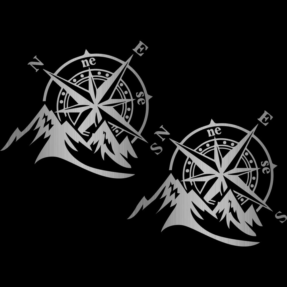 2-Pack Mountain Compass Vinyl Decals - Waterproof Car Stickers for Windows, Bumpers, Laptops, Skateboards, Motorcycles, SUVs & Trucks - Brushed Silver Outdoor Adventure Decoration for Travel Enthusiasts