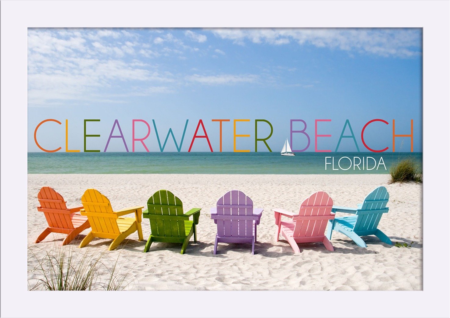 Florida Clearwater Beach Colorful Beach Chairs - 12x18 Inch Giclee Fine Art Print with Recycled Wood Frame in White | Perfect for Coastal Home Decor, Beach House Wall Art, and Vacation Memory Display