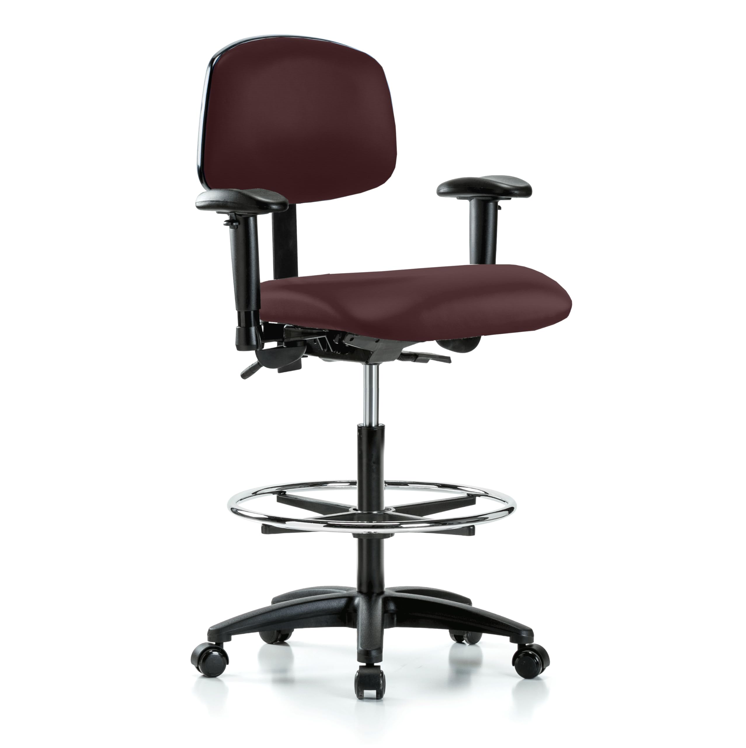 Premium Rolling Swivel Bar Stool with Footrest - Adjustable Height for Countertops - Burgundy Fabric Upholstery - Ideal for Kitchen Islands, Home Bars & Office Desks - Smooth Glide on Hardwood & Tile Floors