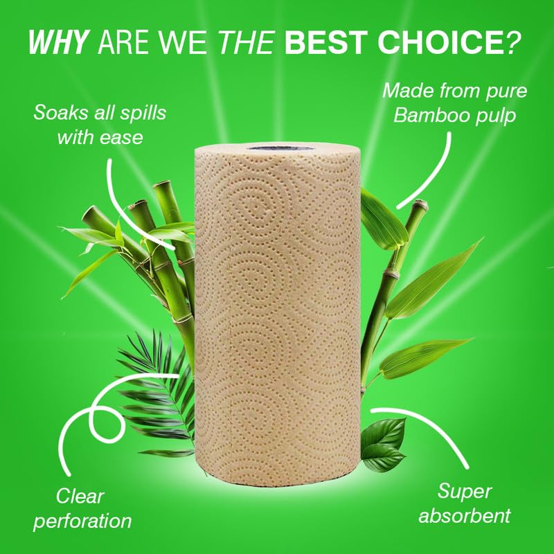 Beco Bamboo 2-Ply Kitchen Paper Towels | 240 Sheets (60 Sheets x 4 Rolls) | 100% Eco-Friendly Bamboo Pulp | Soft & Super Absorbent | Food Safe & Chemical Free | Perfect for Kitchen Cleaning, Spills & Food Prep