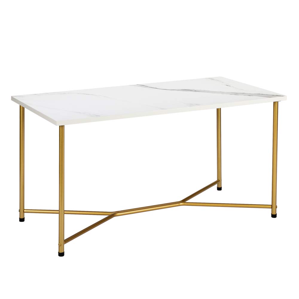 HODELY 1.5cm Thick Single Layer Density Board Imitation Marble Square Coffee Table with Gold Metal Legs - White - Perfect for Living Room, Office, or Lounge Decor