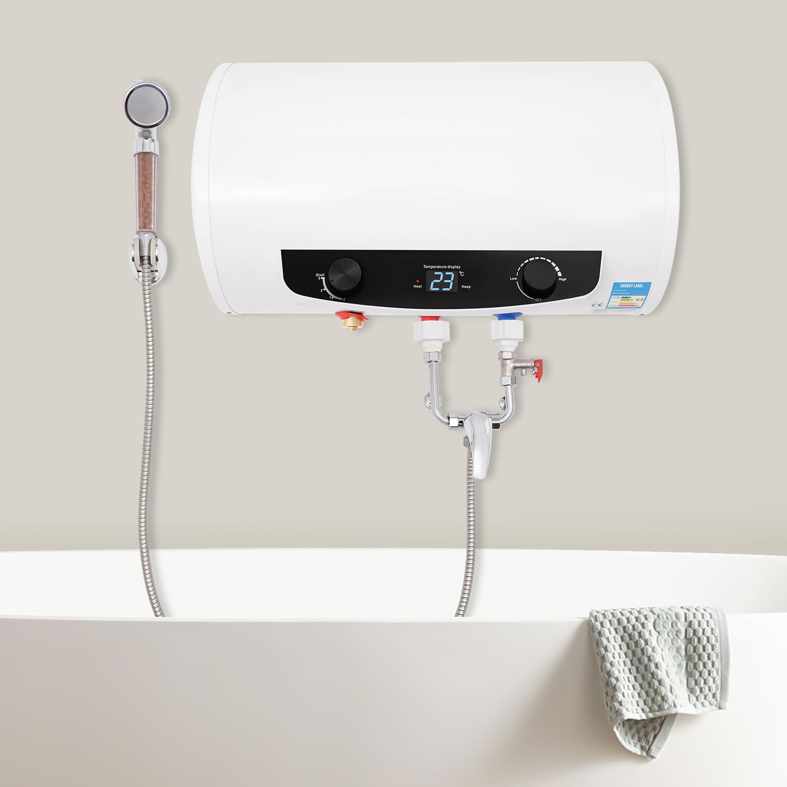 50L Digital Display Electric Water Heater - Automatic Horizontal Mounting with Safety Protection for Home, Bathroom & Shower (25-75℃) | Energy Efficient Hot Water Solution for Apartments, RV & Small Spaces