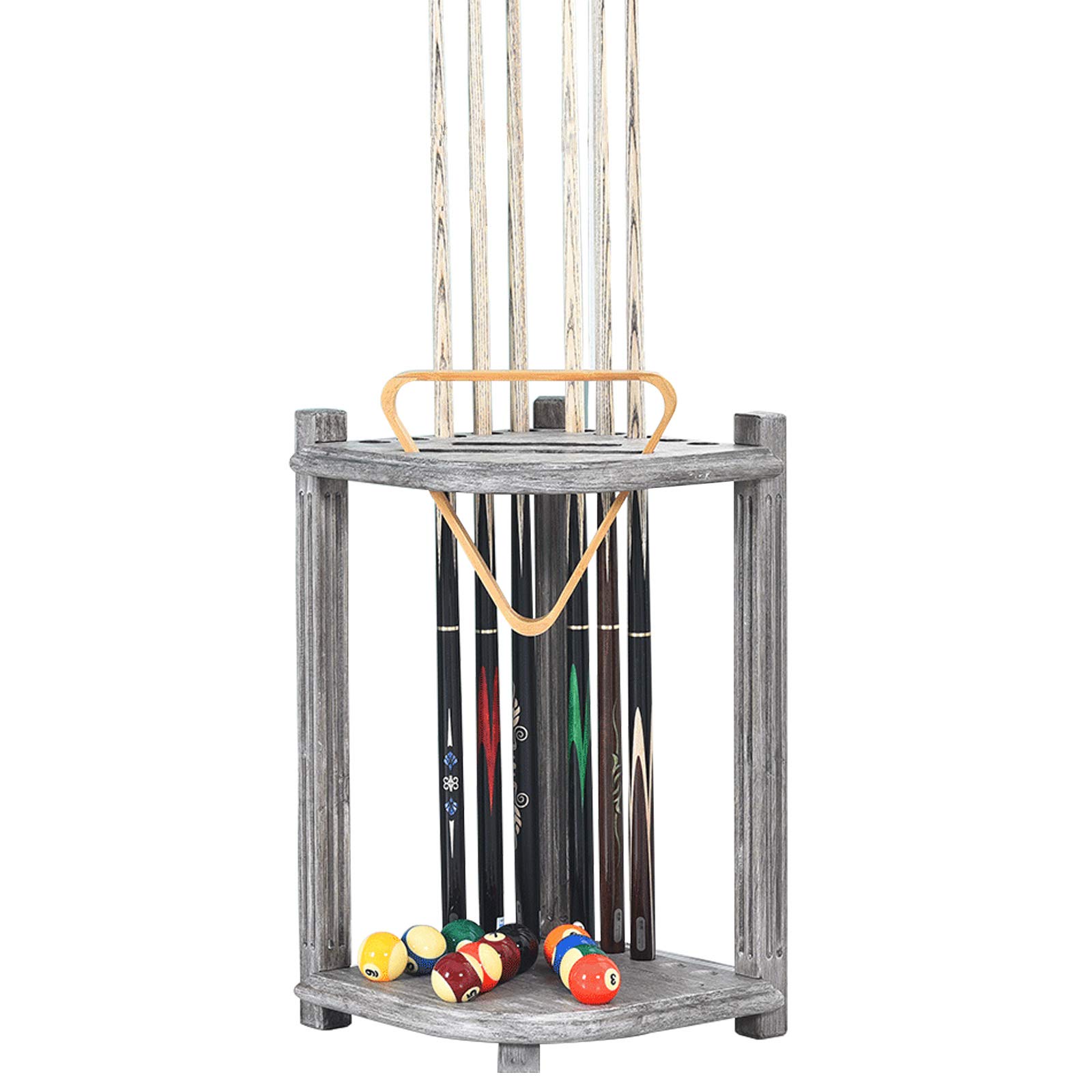 **AILILI Solid Wood Pool Cue Rack - 27x15x15in Billiard Stick Stand, Retro Style Silver Grey Finish, Holds 10 Cues - Corner Floor Cue Holder for Pool Bars, Clubs & Game Rooms**