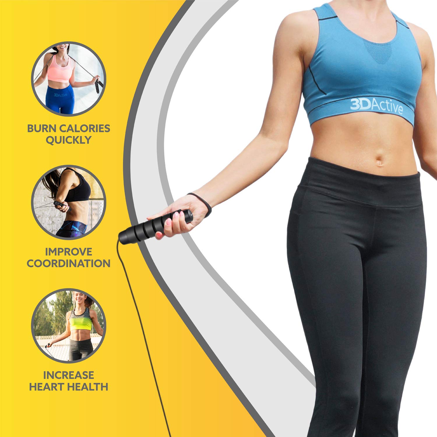 3DActive Adjustable Jump Rope with Ball Bearings - Tangle-Free Skipping Rope for Home Workouts, Cardio Training & Weight Loss | Includes Handle Weights & Carry Bag | Perfect for Gym, Outdoor Exercise & Fitness Enthusiasts