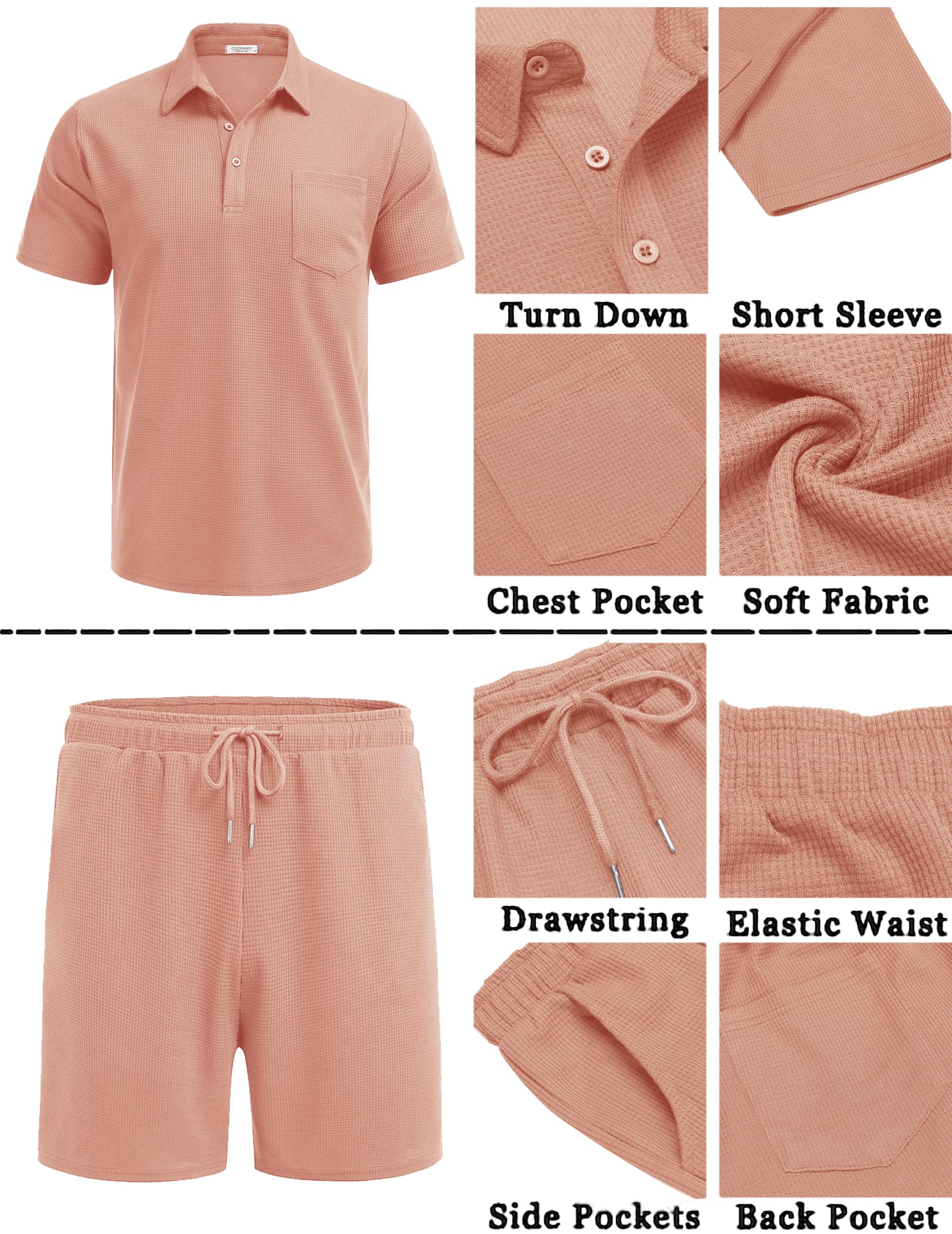 COOFANDY Men's Waffle Knit Polo Shirt & Shorts Set - 2 Piece Summer Casual Outfit with Pockets | Breathable Lounge Wear for Beach, Vacation & Everyday Comfort