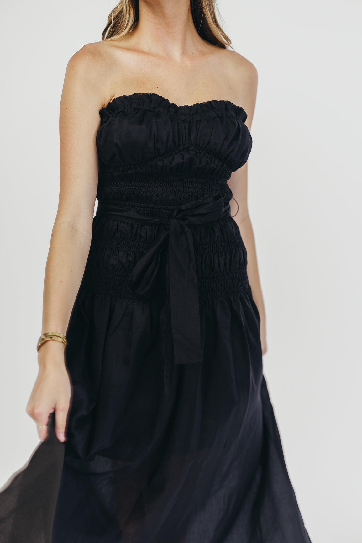 Devin Strapless Midi Dress with Adjustable Sash - Elegant Black Formal Dress for Weddings, Parties & Special Occasions