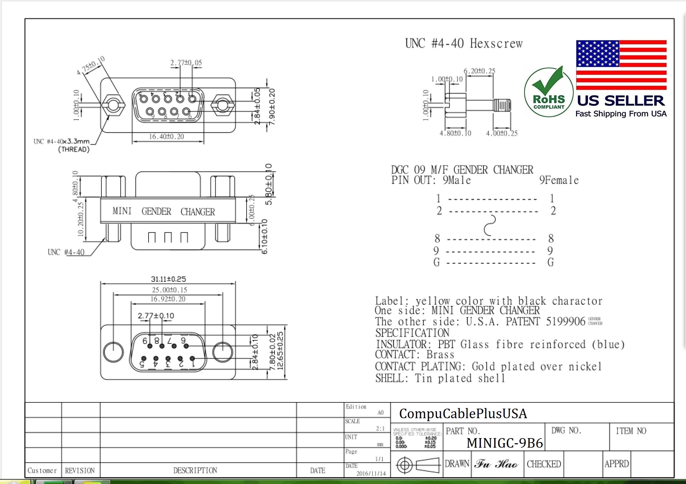 DB9 Male to Female D-Sub Serial Mini Gender Changer Adapter - 6 Pack for Computer, Laptop & Industrial Equipment Connection