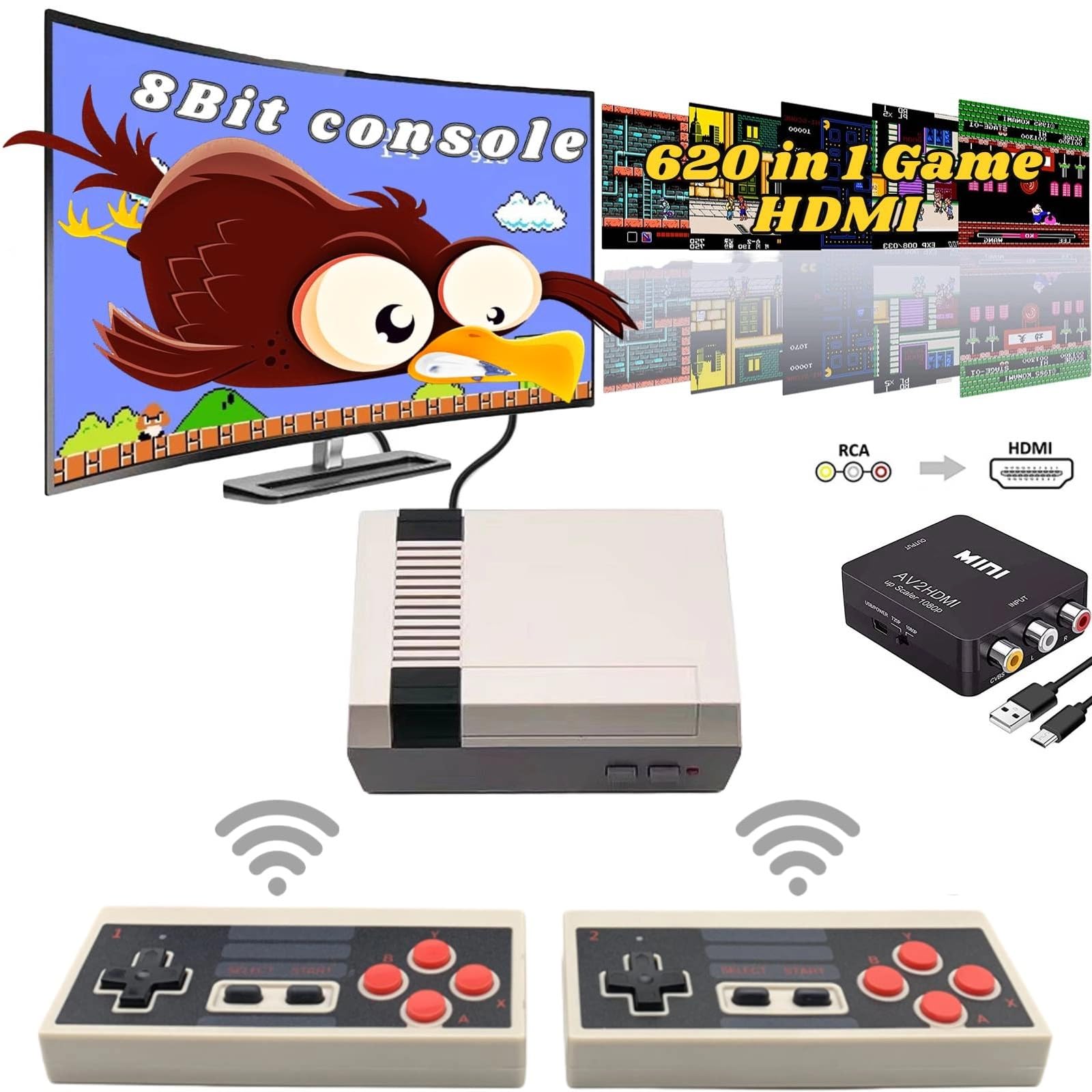 Retro Gaming Console with 620 Classic Games - Wireless Controller, HDMI/AV Output, Plug & Play - Perfect Gift for Kids & Adults - Ideal for Family Game Nights & Nostalgic Entertainment (Gray)