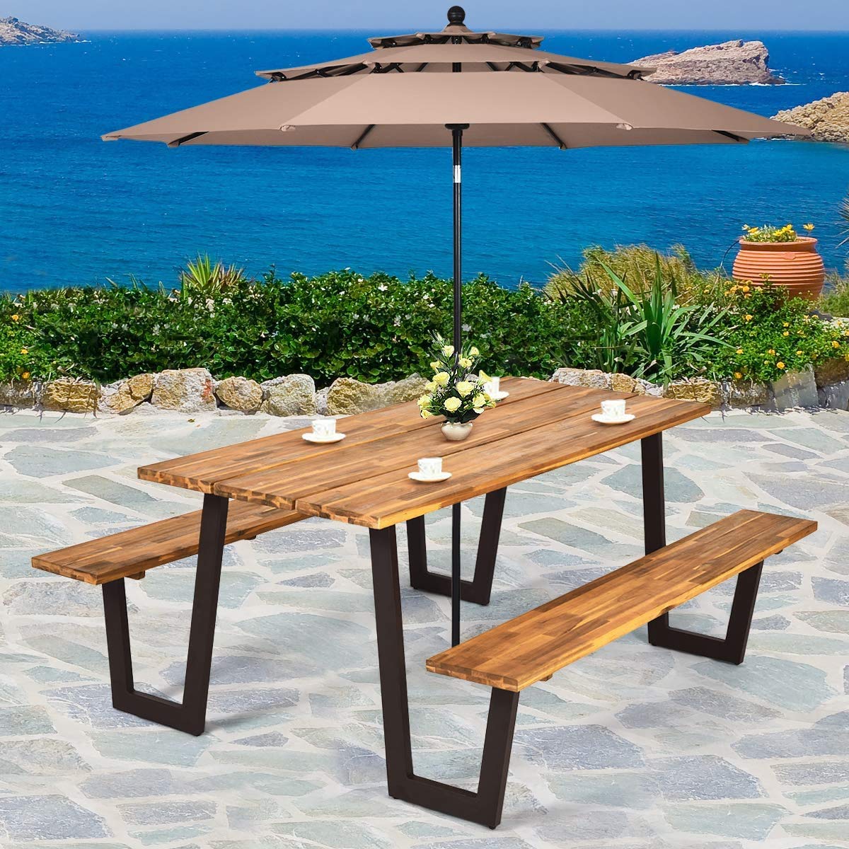 HAPPYGRILL 7-Piece Outdoor Picnic Table Set with Wooden Top & Rust-Resistant Steel Frame, Patio Dining Bench Set with Umbrella Hole for Garden Backyard BBQ Party, Camping and Outdoor Entertaining