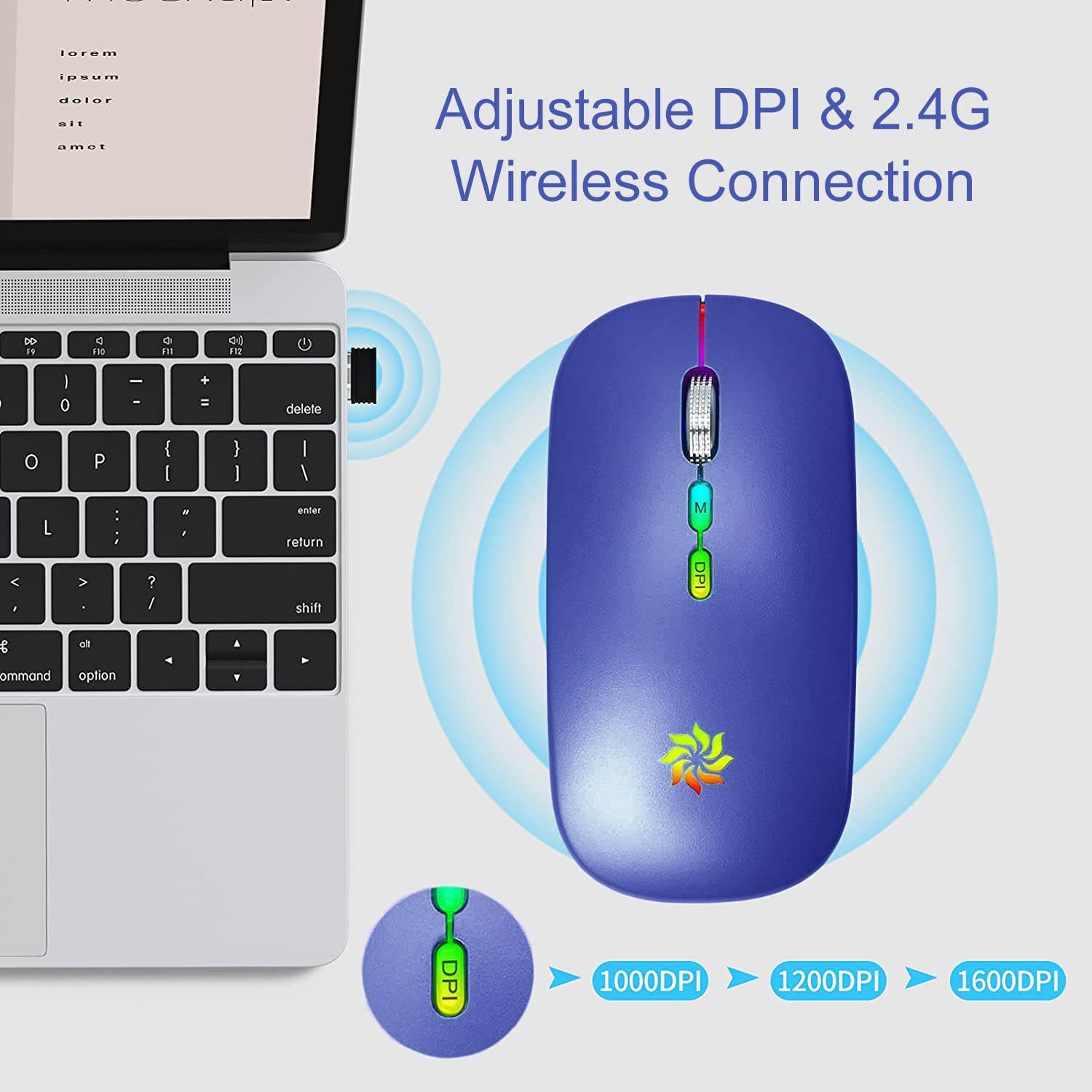 KBCASE Slim Silent Wireless Mouse - 2.4G Rechargeable LED Mouse for Laptop, MacBook, iPad, Chromebook with USB & Type-C Receiver - Perfect for Office, Home, and Travel Use
