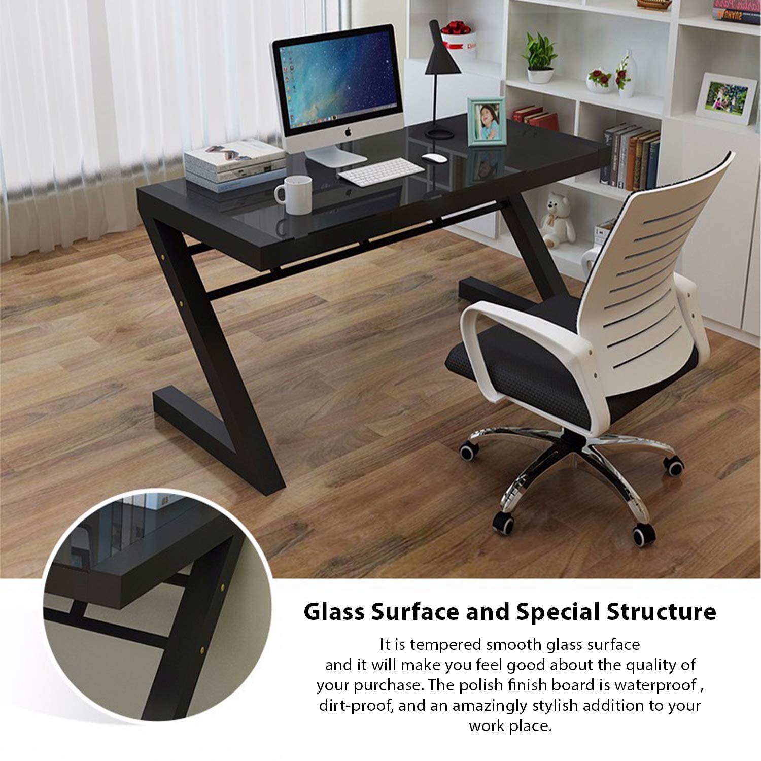 Modern Z-Shaped Computer Desk with Tempered Glass - Sturdy Home Office Desk for Laptop, Study & Dining | USB Ports & Multi-Functional Design | Perfect for Small Spaces, Gaming & Remote Work